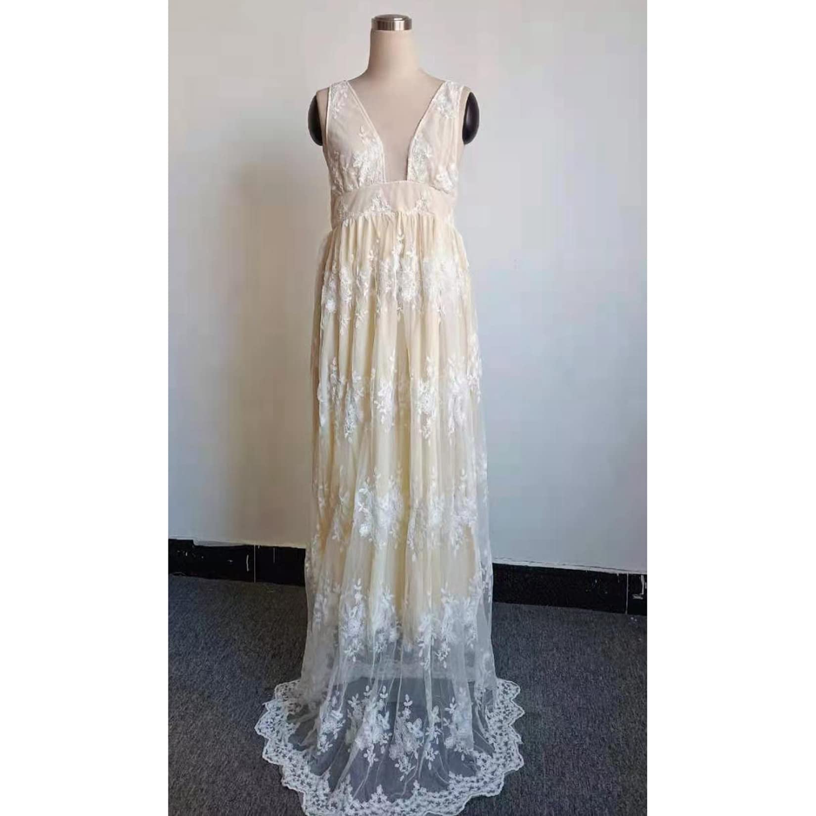 Dawwoti Vestido De Novia para Mujer Double V Cuello Una Línea Empire Wasit Lace Tuille Vestidos De Noche