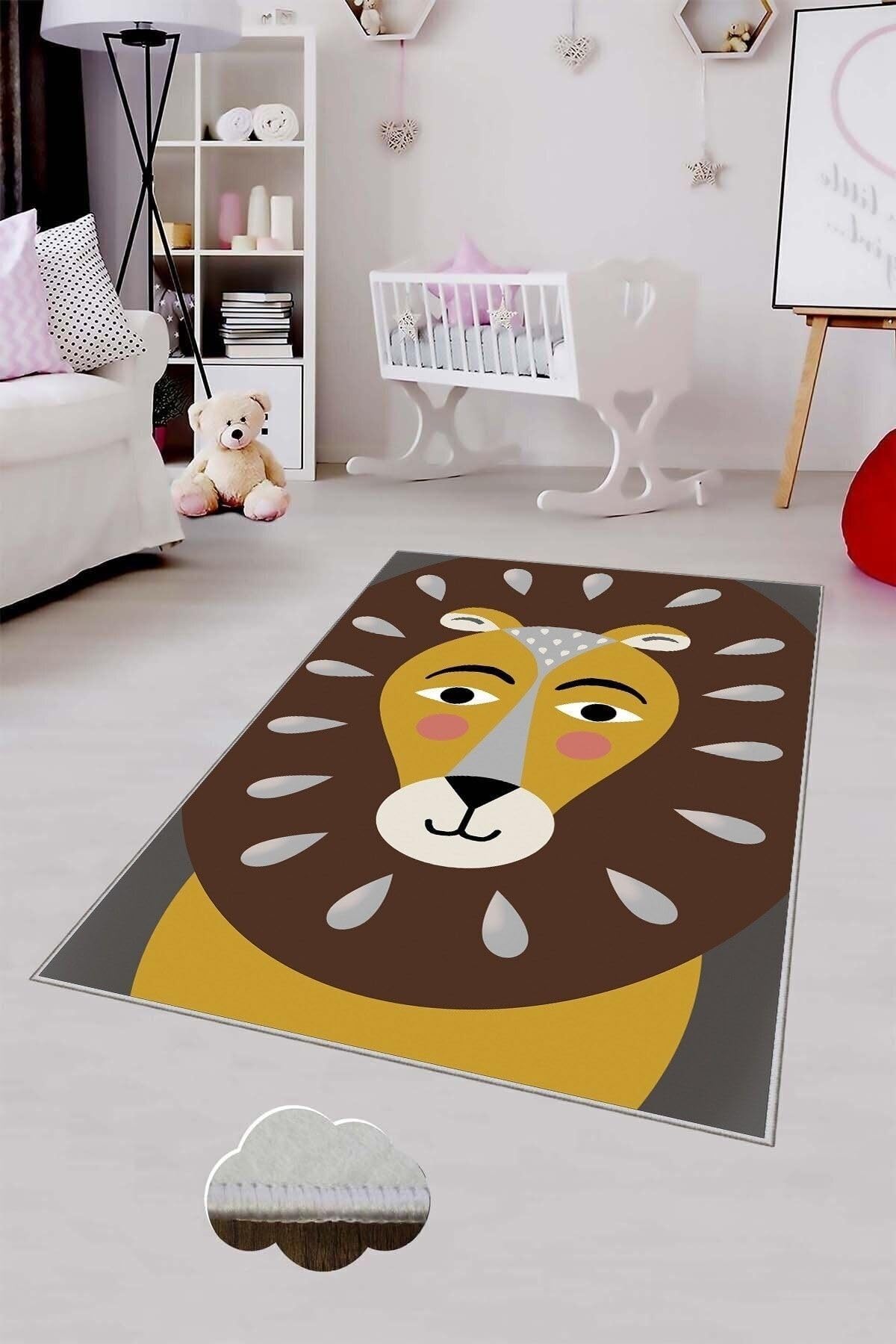 Pelangi Gri Aslan Desenli Çocuk Yıkanabilir Kaymaz Taban Leke Tutmazbebek Ve Çocuk Odası Halısı, Kahverengi-Taba 80 x 500, 90135704680500