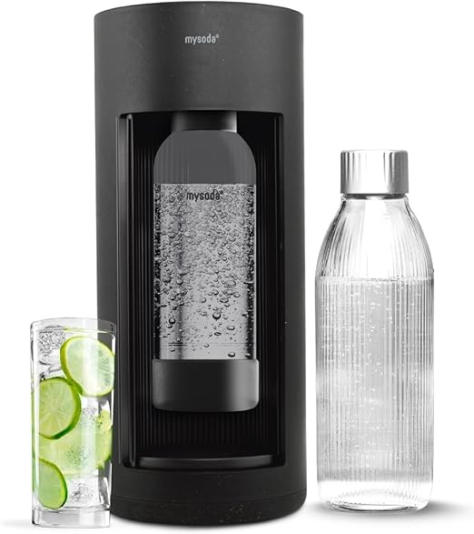 New Mysoda Glassy Design Sparkling Water Maker With 1L Glass & Plastic bottle - Silent Nordic Design Soda Maker Featuring A Sliding Door Opening - No Cylinder Included - Colour Black