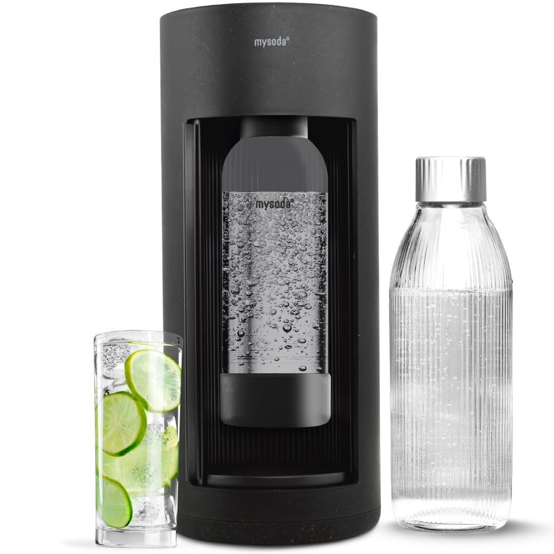 New Mysoda Glassy Design Sparkling Water Maker With 1L Glass & Plastic bottle - Silent Nordic Design Soda Maker Featuring A Sliding Door Opening - No Cylinder Included - Colour Black