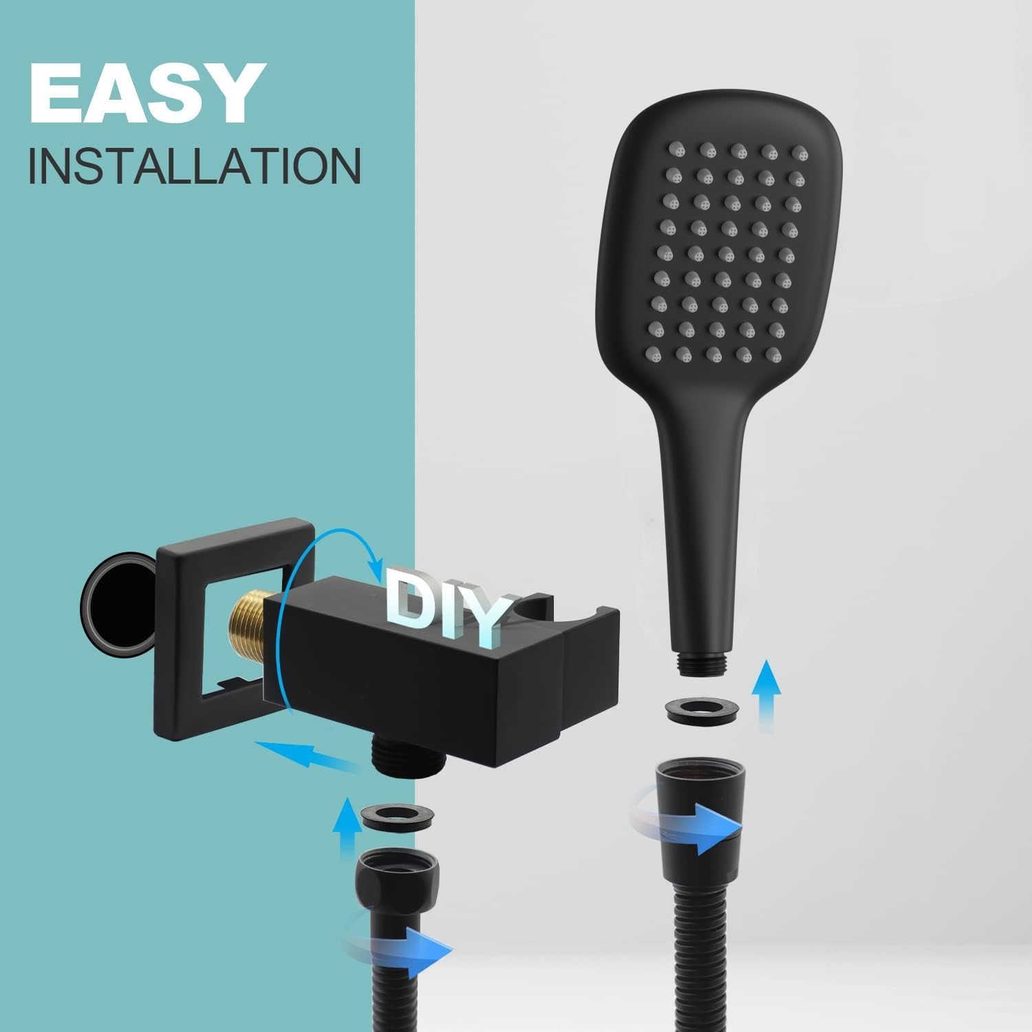 Matte Black Handheld Shower Head with Long Hose and Brass Holder All Metal Hand Held Shower Head High Pressure Handheld Shower Head Set