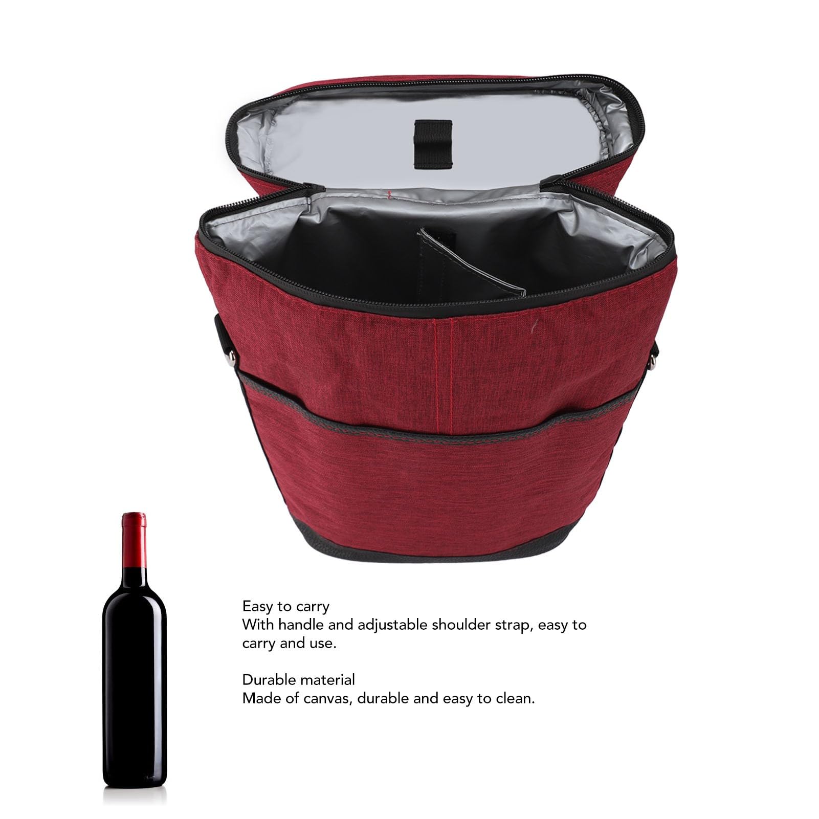 SIXRUN Sac Isotherme pour 2 Bouteilles de Vin en Toile avec Doublure étanche et Design rembourré isolé 38 X 23 Cm, étui à Vin Portable pour Voyage, Pique-Nique, Fête, Camping (Rouge)
