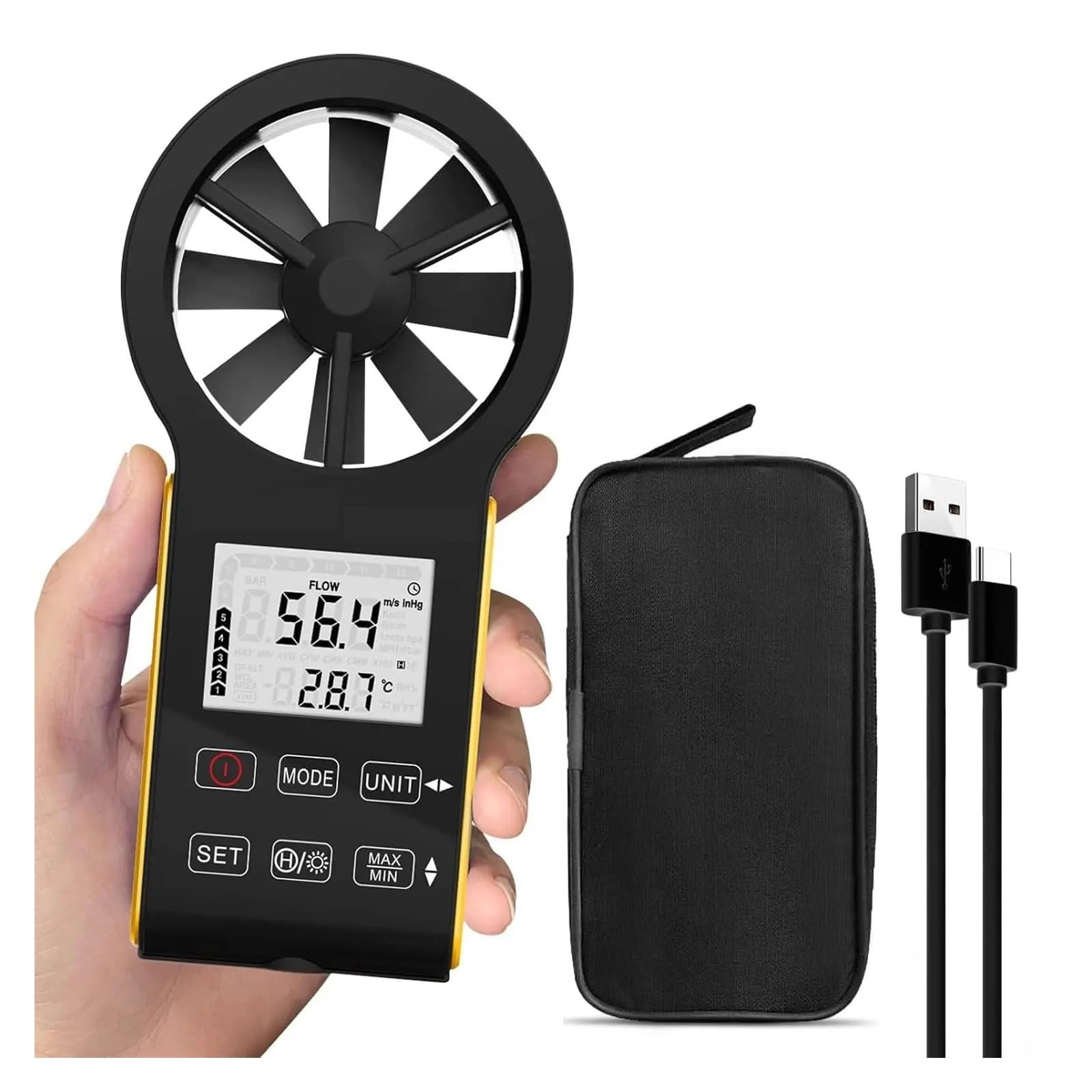 Anemometro, Anemómetro digital, anemómetro impermeable recargable CFM, mide la velocidad del viento (0,3-30 m/s) y el volumen de aire.(Yellow)