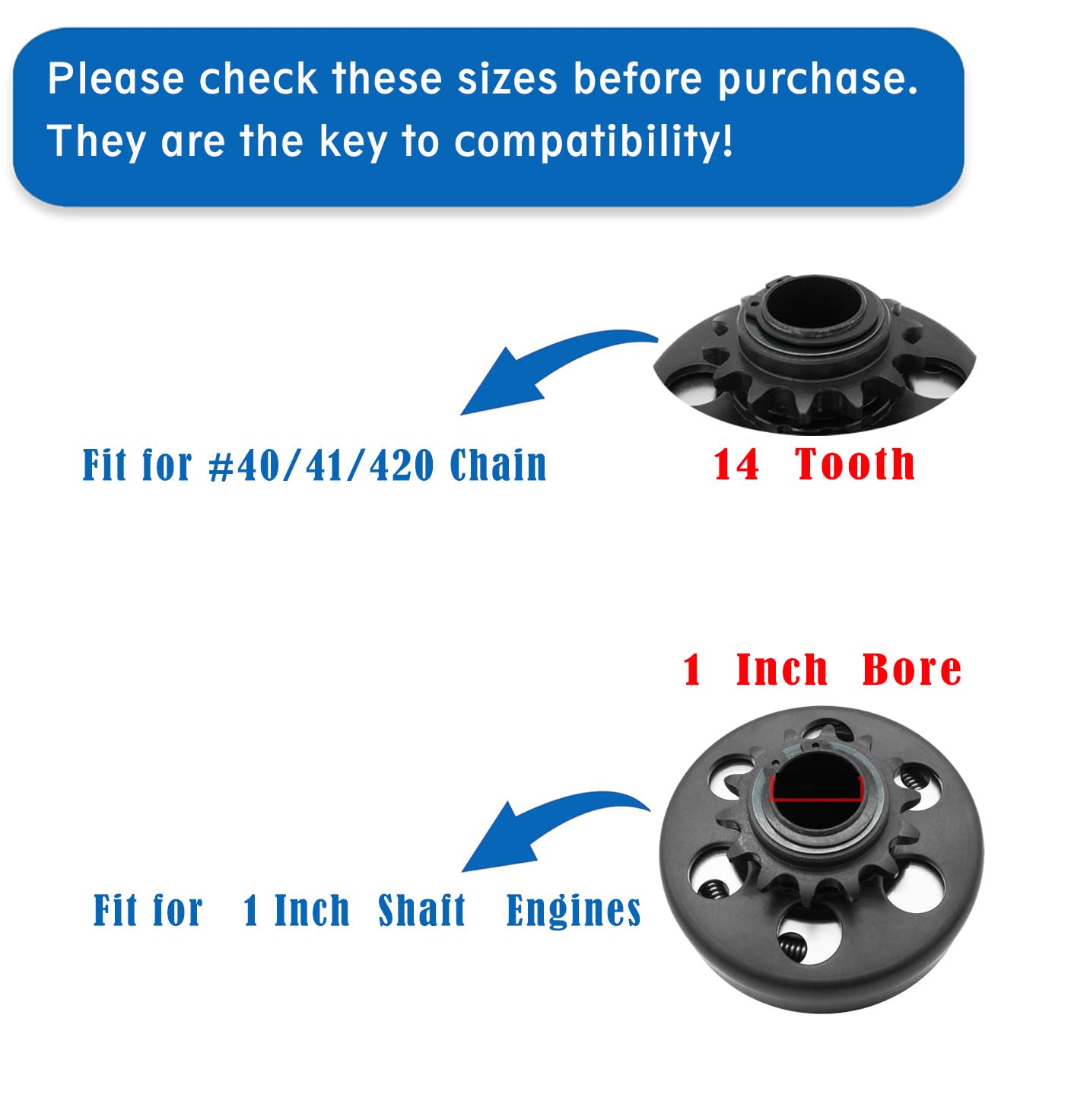 Frizione centrifuga Go Kart con foro da 1 pollice a 14 denti e catena #40/41/420 adatta per Go Kart, MiniBike, tosaerba, mini moto, motori 212CC 6.5-8HP Performance Parts, fino a 2300 giri/min