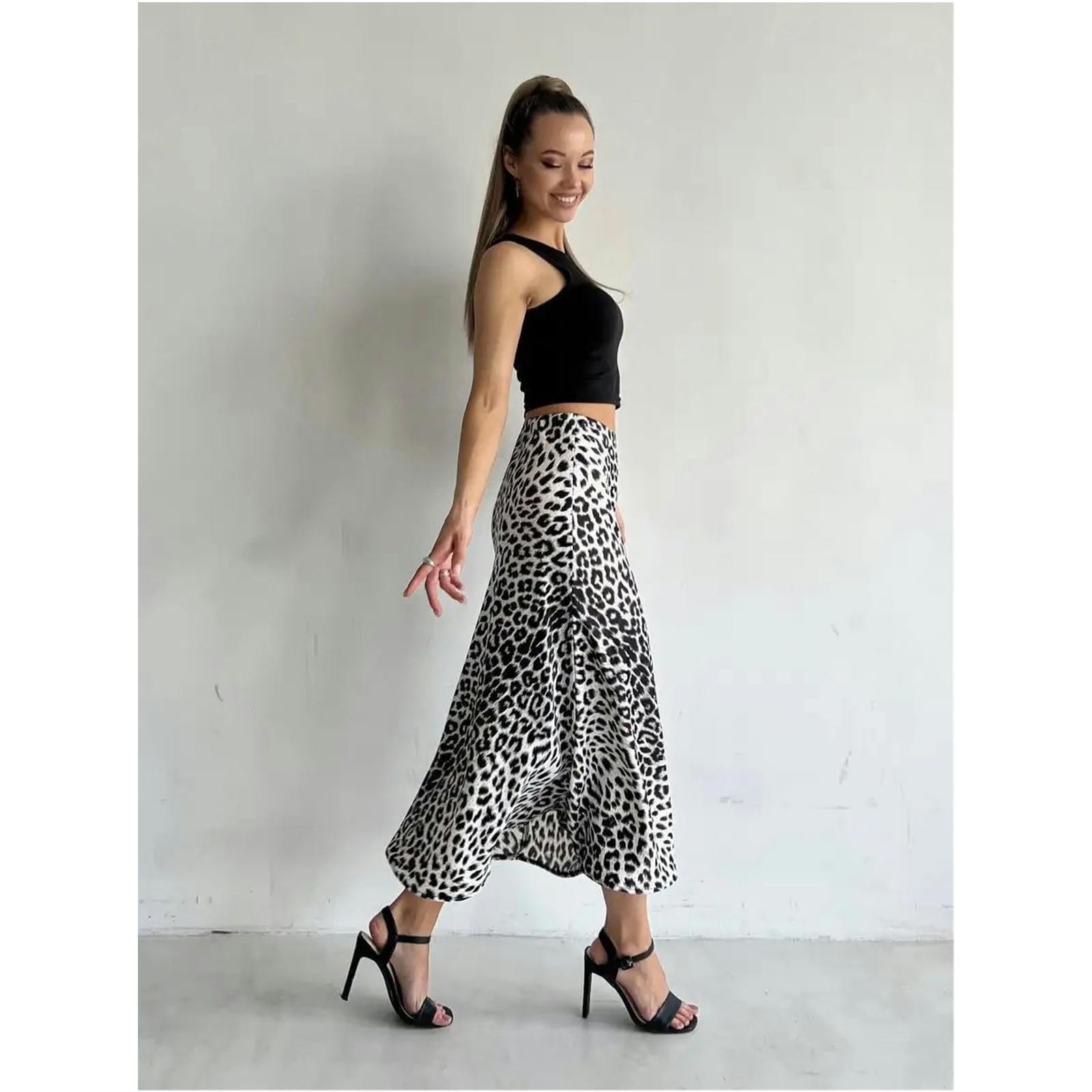 Jupes Femme Jupe Maxi À Imprimé Léopard en Satin Féminin - Jupe Longue Élastique Haute Taille pour Vêtements Décontractés Et en Soirée-Blanc-XL