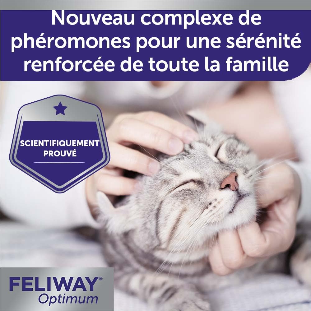 FELIWAY Optimum - Antistress per gatti, complesso di feromoni lenitivi per una serenità rafforzata, confezione economica 3 ricariche (3 x 30 giorni)