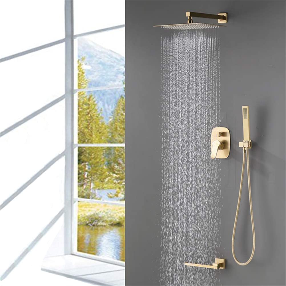 Sistema Doccia Incasso, Ottone Dorato Spazzolato a Parete Doccia a Pioggia 3 Funzioni Rubinetto per Doccia Set Miscelatore con 10-12" Set di Miscelatori per Vasca con Beccuccio Doccia Quadrato a pio