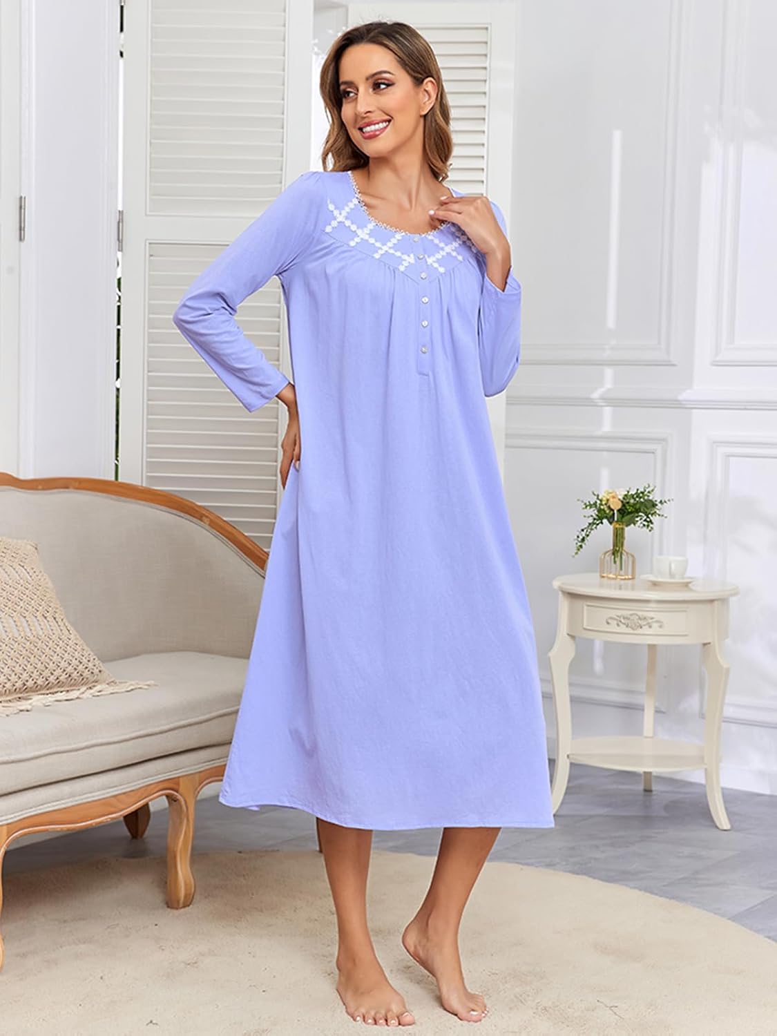 Cotton Nightgowns for Women Long Sleeves Sleepwear Full Length Nightdress Soft House Dress Loungewear - Image 3