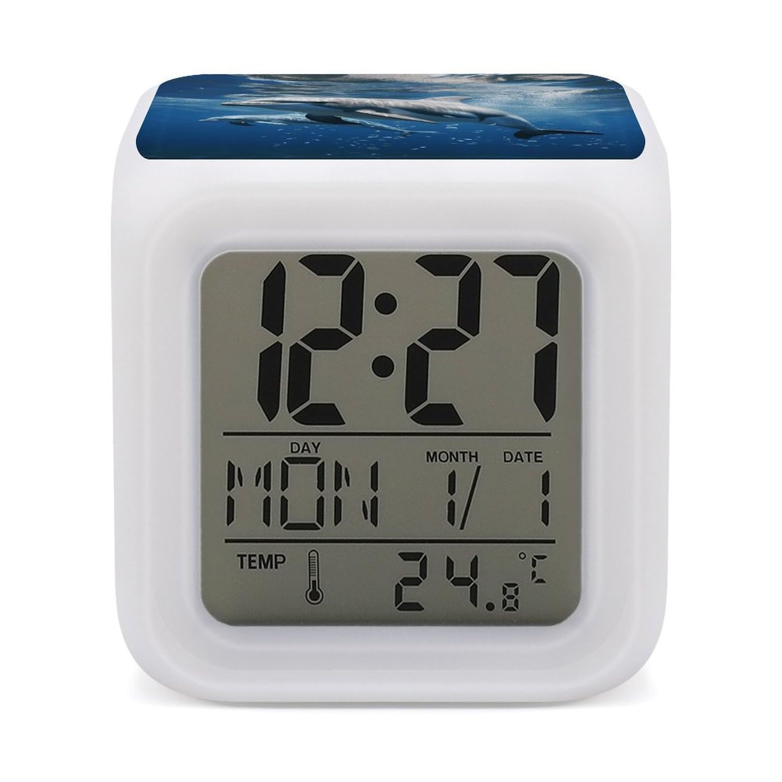 VstaDank Cute Dolphins Alarm Clocks with 7 Color Changing Night Light Exquisite Bedroom Digital Clocks with LED Temperature Display Desk Clock Ok to Wake Clocks for Heavy Sleeper