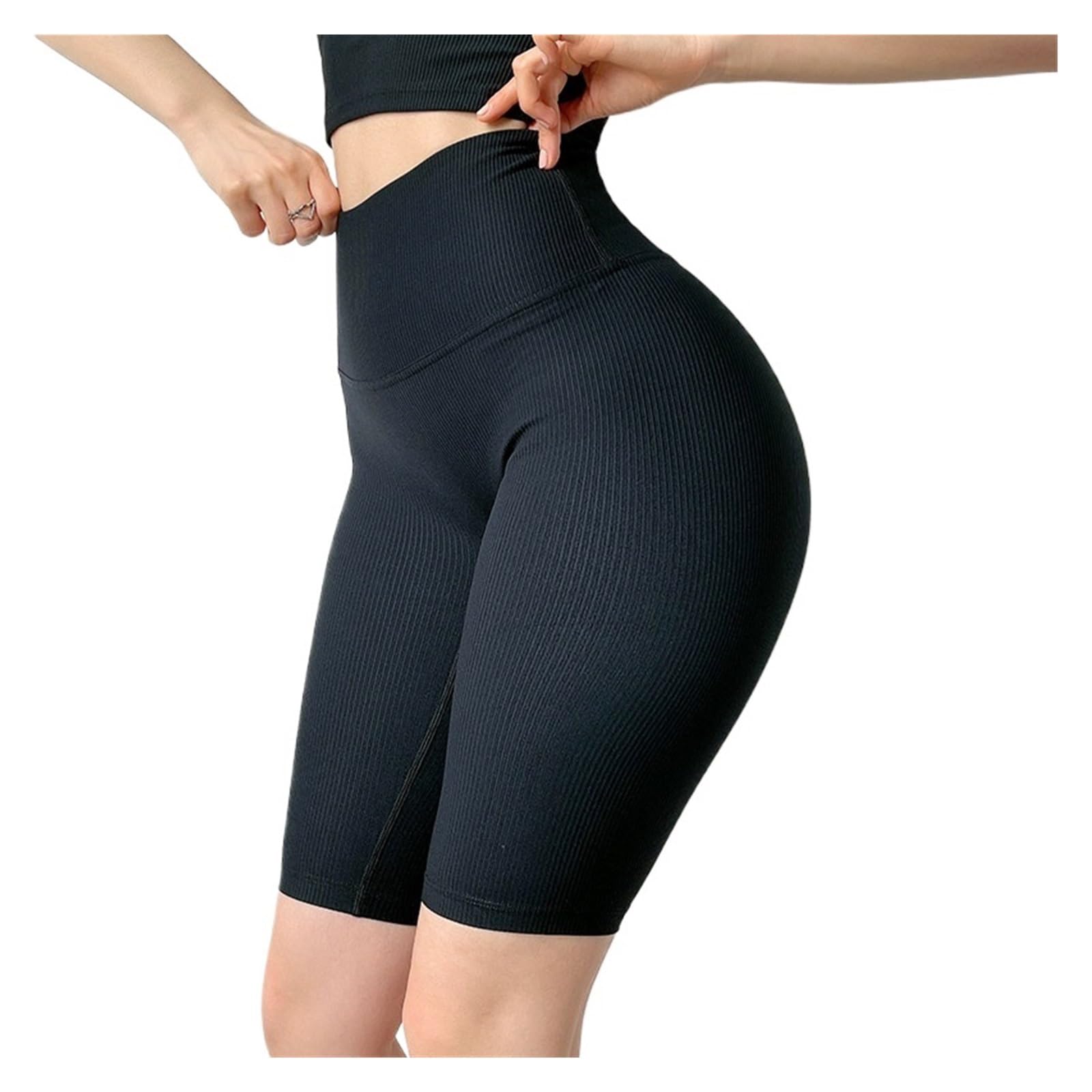 Yoga Pantalones Cortos Pantalones Cortos de Tejido Acanalado for Mujer, de Cintura Alta, for Ciclismo, Gimnasio, Correr, Yoga, Ajustados, con Rosca.(Black,S)