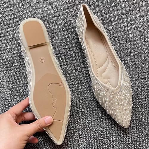 Women's Ballet Flats Glitter Casual Dressy Shoes Pointed Toe Bridal Flats Work Flats Office Shoes with Pearls4