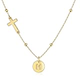 Stocking Stuffers for Women - Dainty 14K Gold Plated Initial Necklaces for Women, Letter A-Z Sideways Cross Necklace, Personalized Choker Necklace Womens Christian Religious Jewelry Gifts