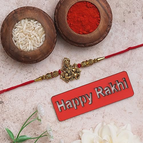 Image of eCraftIndia Pack of 100 Golden Religious Designer Ganesha Rakhi for Brother Bhaiya Bhai | 100 Best Bro Ever Fridge Magnets | Roli Chawal Pack | Raksha Bandhan Rakhi Gift Set