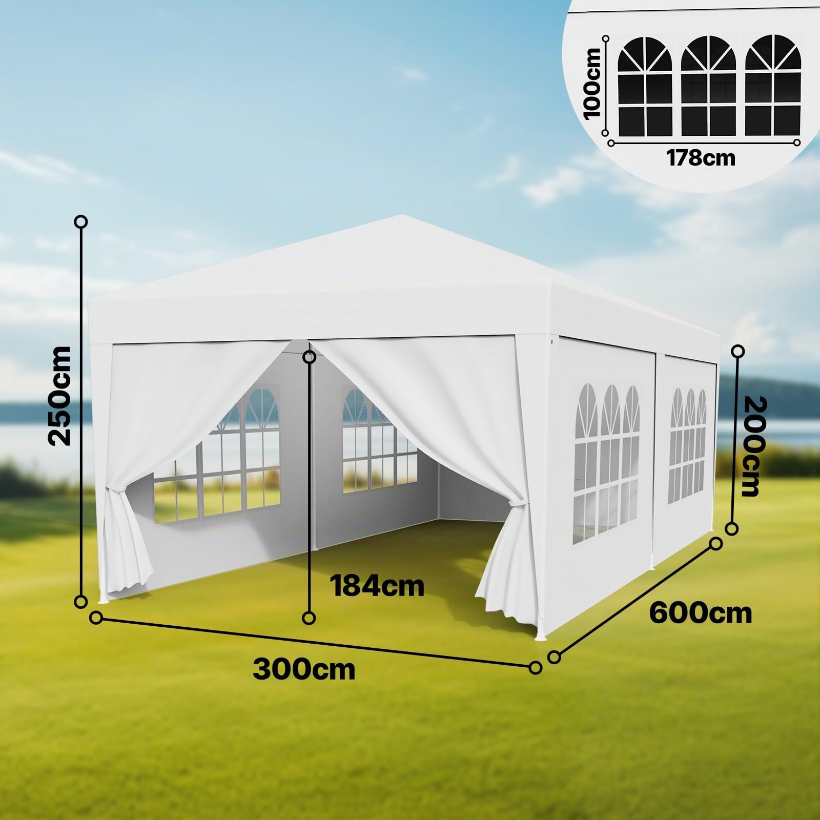 Tonnelle de Jardin Extérieur 3x6m Barnum Pliant Imperméable avec 4 Parois Latérales et Fenêtres,Robuste en Acier et Bâche PE, Idéale pour Camping, Fête, Réception, Marché (Blanc,3x6m)