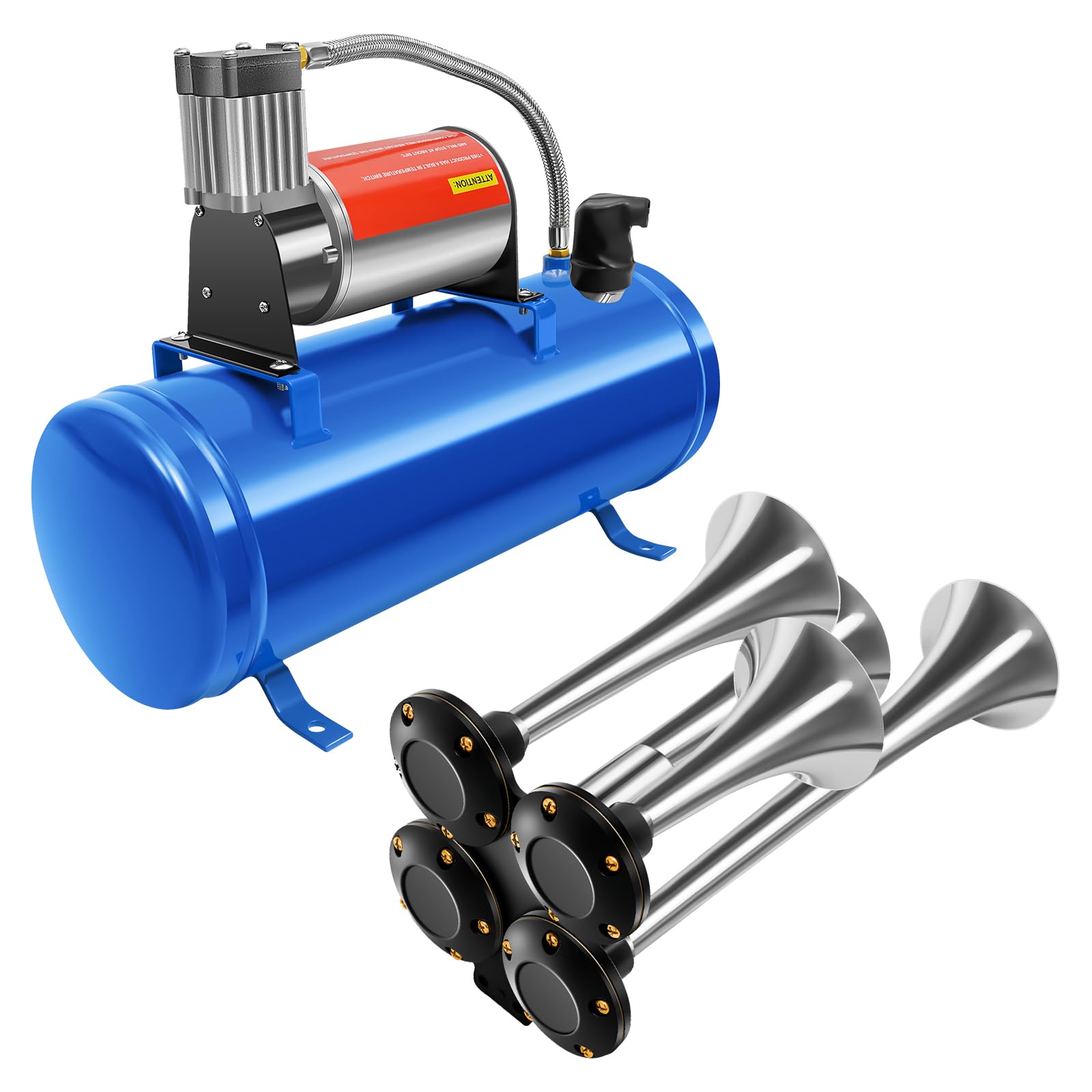 Sistema completo de compresor de aire, con bocina de 6 l y 4 tubos, 12 V, 4 bocinas de aire Trumpet y compresor de aire de 150 psi, trompeta de compresor de aire, kit de construcción de