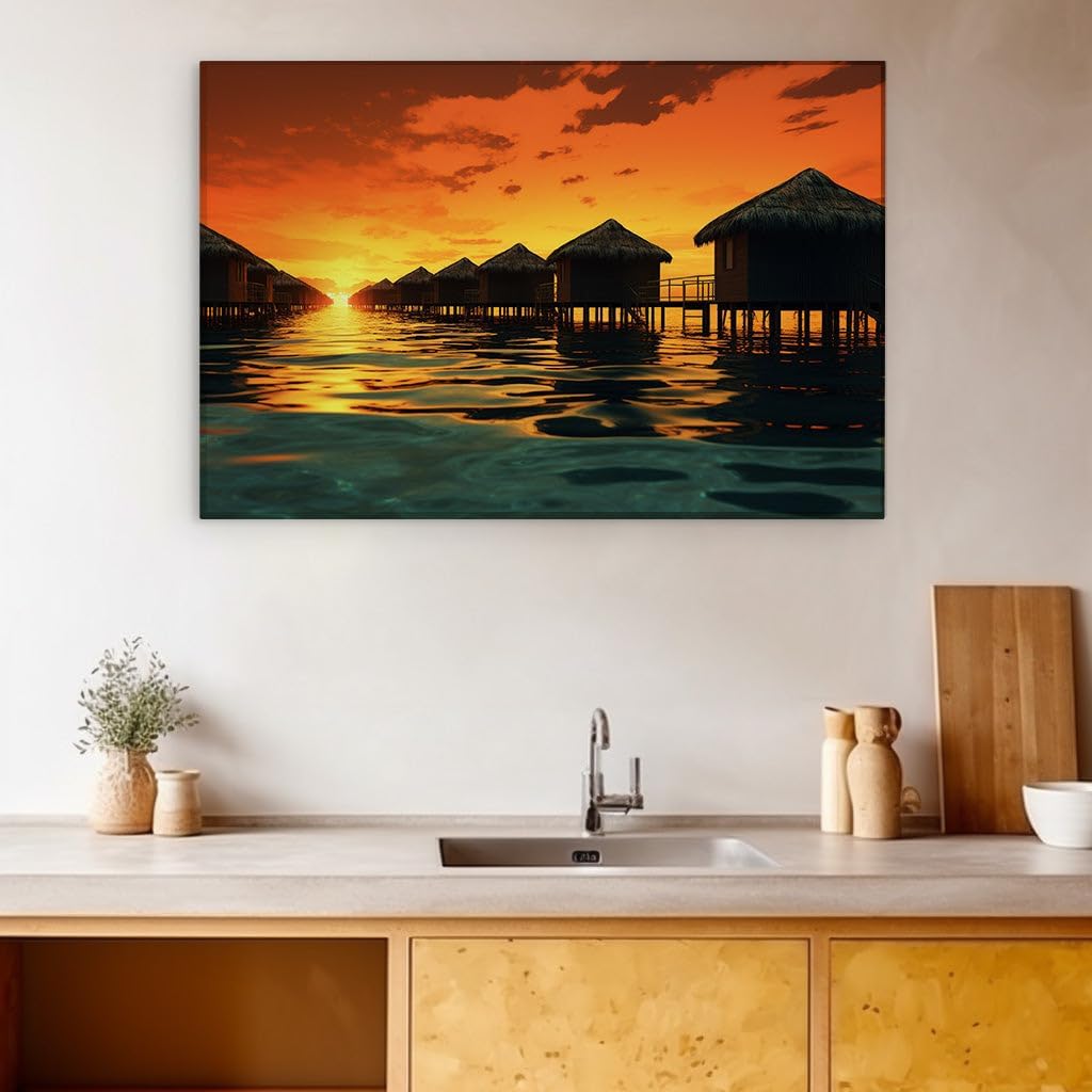 Canvas for Living room. Sunset Serenade Above the Ocean Cradled in Thatched Bungalows, 27 x 18 inch Canvas Wall Art - Surrealistic Visions - Modern Home Decor - 69x46 cm (27x18 inch)