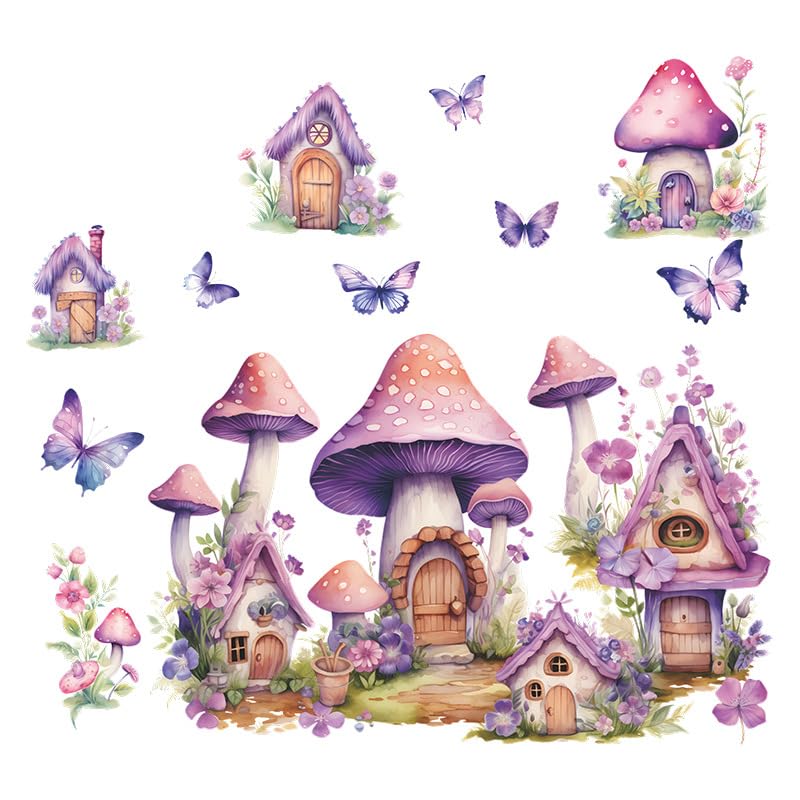 DRWSSR 2 Sheets Purple Cartoon Mushroom House Wall Stickers Removable DIY Green Plants and Flower Wall Stickers Viny Purple Butterfly Wall Decal for