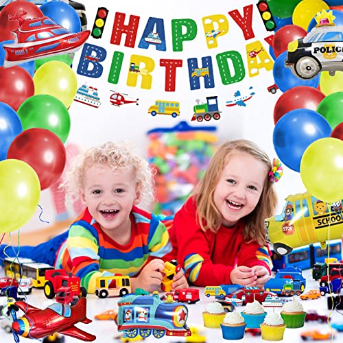 Koyatti Transportation Birthday Party Decorations Set For Boys Kids,46 Pack Balloons Garland Arch Kit Vehicle Construction With Happy Birthday Banner,Transportation Tattoo Stickers,Cake Topper #TOP3