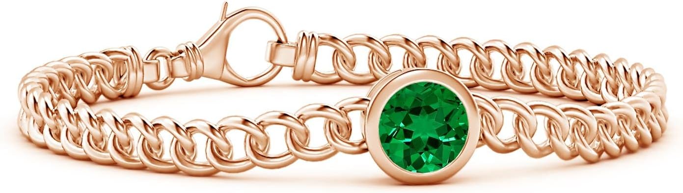 Angara Lab Grown Bezel-Set Round Emerald Chain Bracelet in 14K Solid Gold | Birthday, Engagement, Anniversary, Wedding Jewelry Gift for Women | Length-7 inch