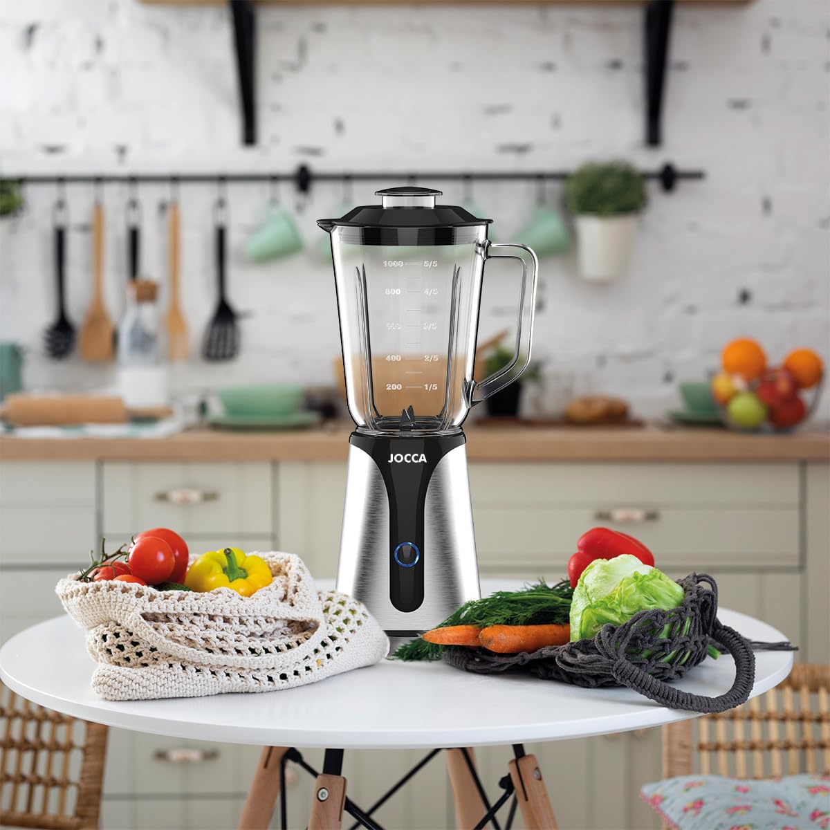 JOCCA - Batidora de Vaso de Cristal con Botella de Viaje/Potencia 350W, Licuadora/Jarra 1L y Botella de 600Ml/ Luz LED, Tapa Extraible, Cuchillas de Acero Inoxidable