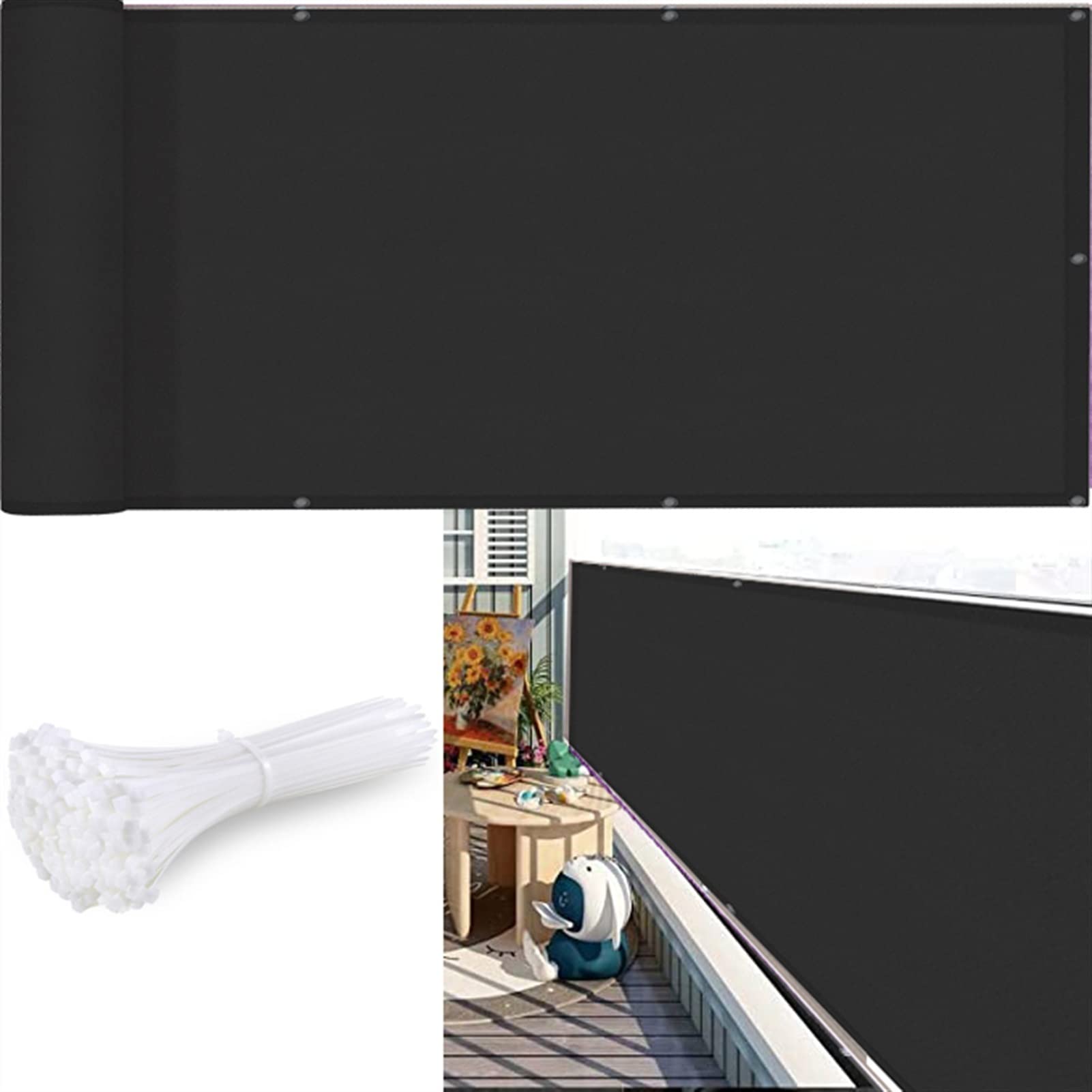 Chbin Black Privacy Deck Fence Screen 110X450cm Sun Wind Uv-Light Protection Screening Customized Size For Balcony Terrace Patio,