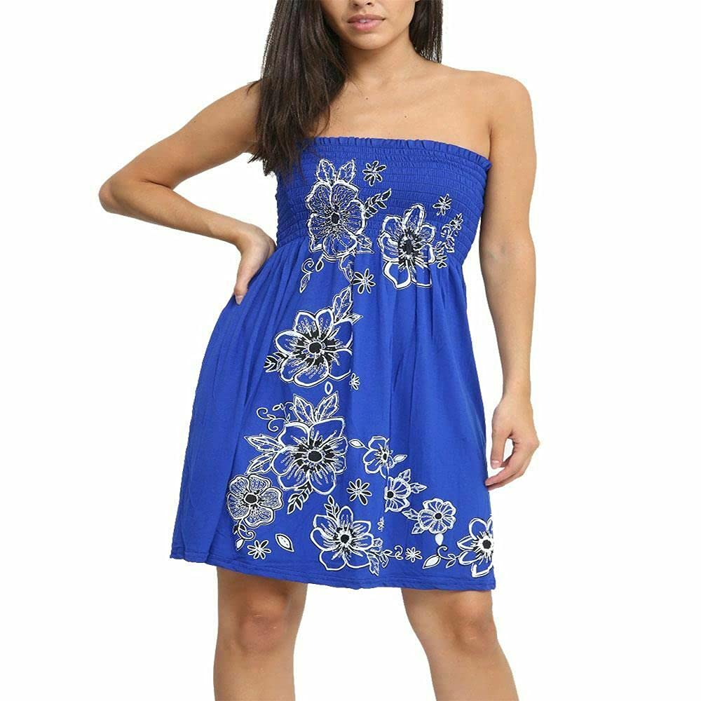 Women’s Strapless Printed Bandeau Top Sheering Ruched Boob Tube Vest Sleeveless Gathered Mini Dress Summer Beachwear - RoyalBlue - UK 12-14