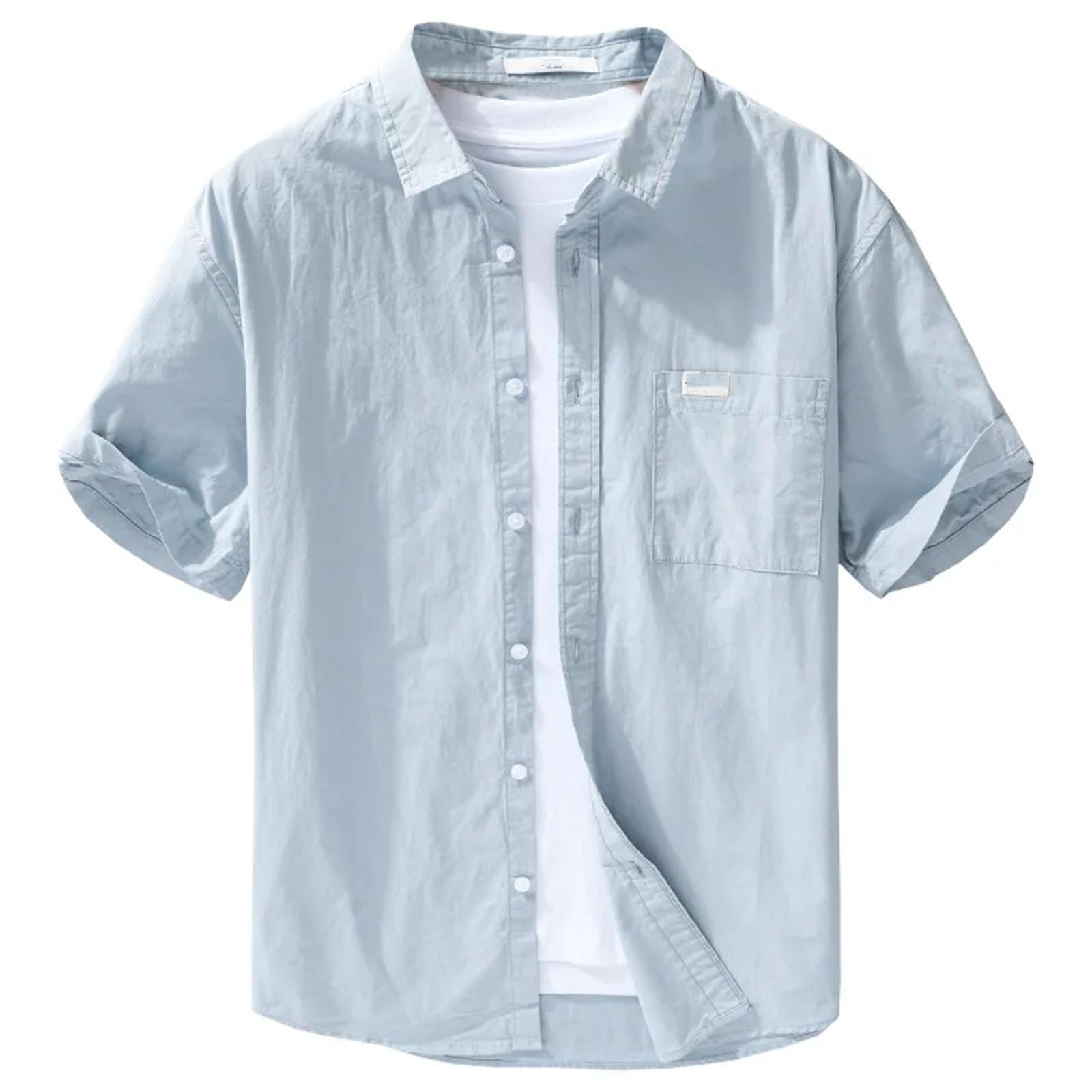 Camisa de color sólido para hombre, manga corta, bolsillo en el pecho, simple, básica, de algodón puro, clásica, para uso diario