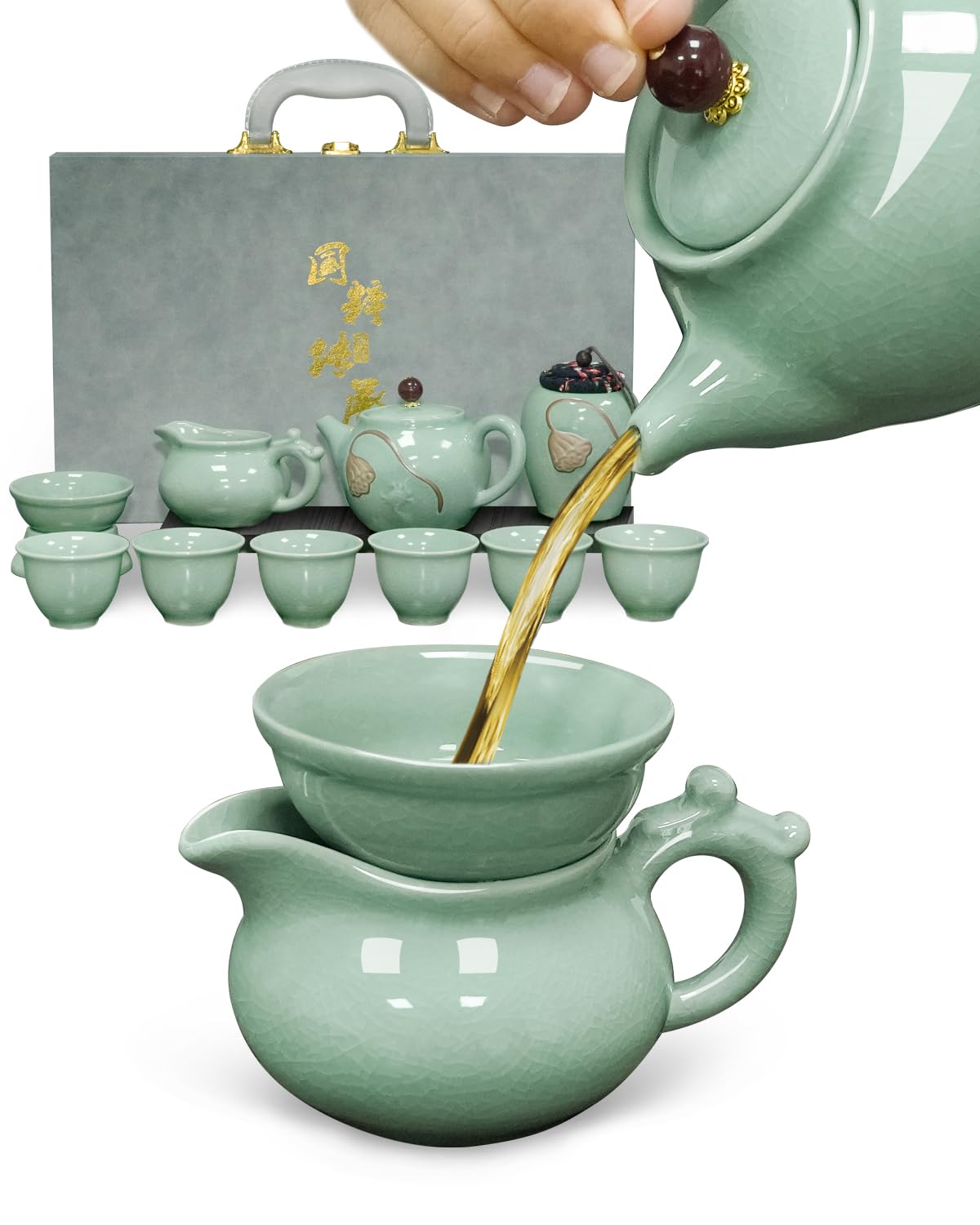 Traditional Chinese Tea Sets for Adults, Gongfu Teapot and Cups with Green Crackle Glaze, Lead-Free Ge Yao Porcelain Tea Set for Tea Party Ceremony Zen Meditation with Portable Gift Box