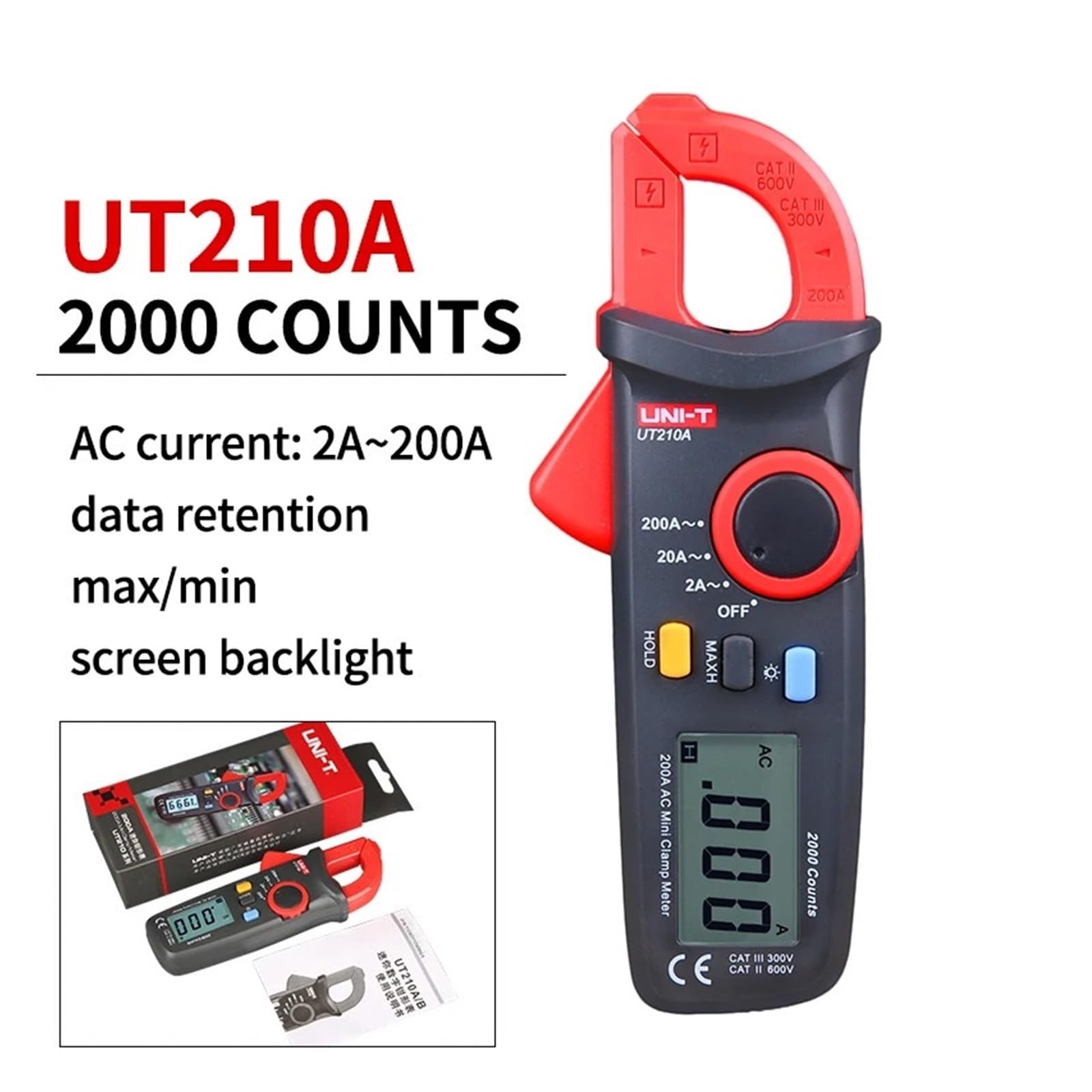 UT210 Series Clamp Meter Digital Multimeter DC/AC Current True RMS Pliers Ammeter High Precision Ohm Voltage Tester(UT210A AC 200A)