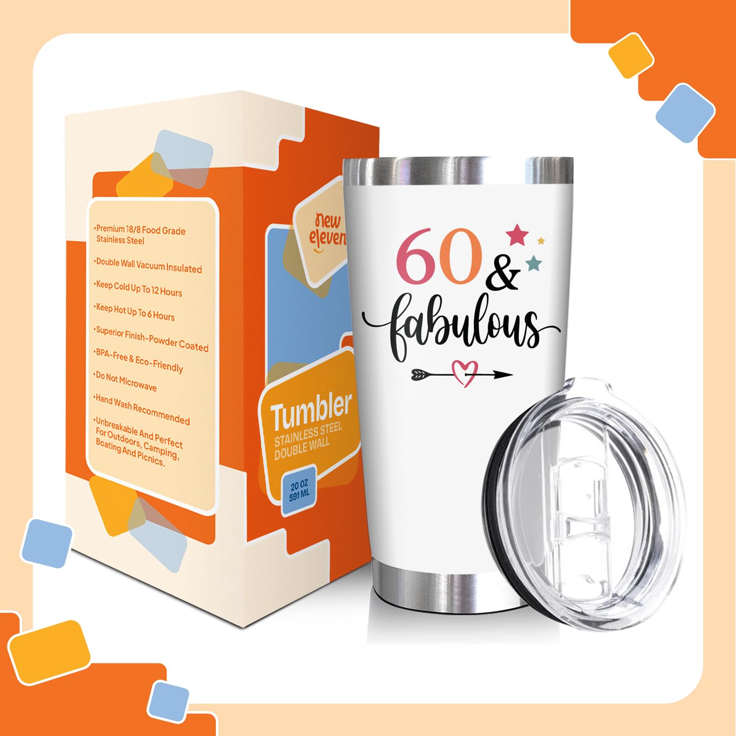 NewEleven 60th Birthday Gifts For Women - 60th Birthday Decorations For Woman, Her - Fabulous 60 Year Old Gifts For Women, Mom, Wife - 20 Oz Tumbler