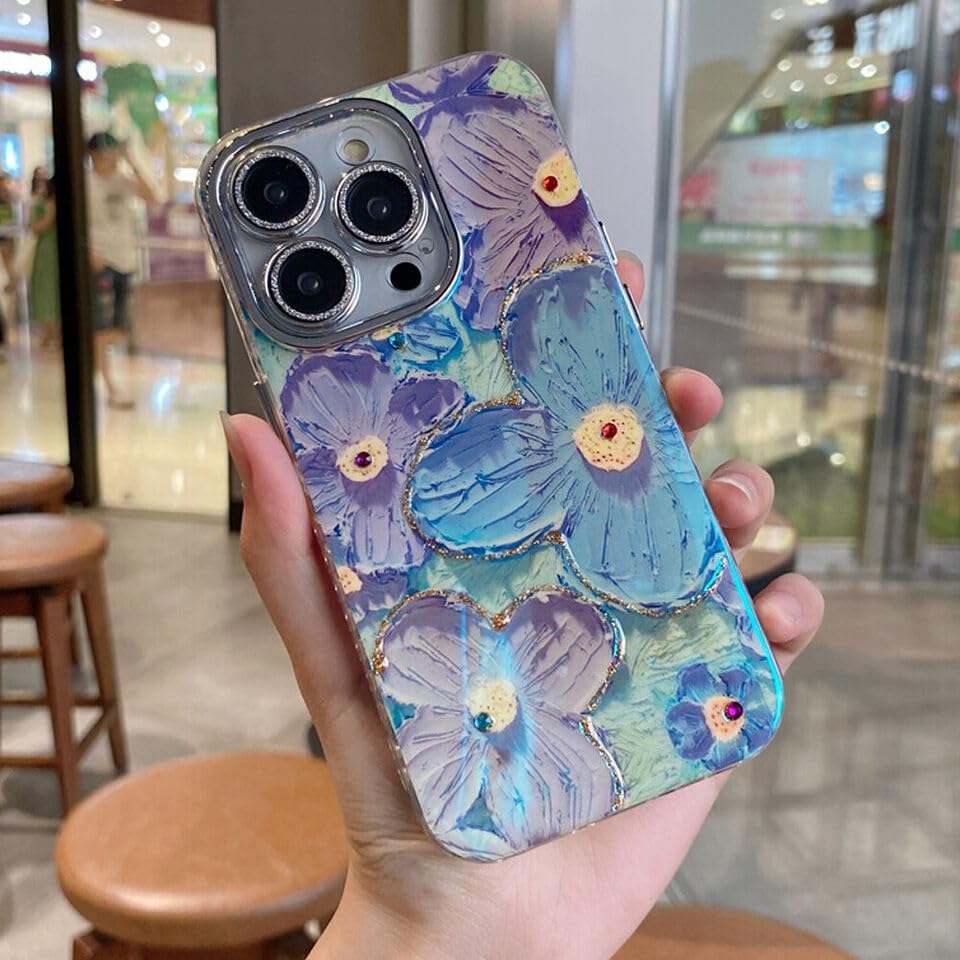 Image of Elzzi Compatible with iPhone 16 Pro Max Case 3D Laser Flower Oil Painting Cute Colorful Blue Ray Bumper with Full Camera Protection Shockproof PC+TPU Glossy Shiny Cover for Girls Women, Green