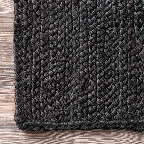 Image of Handwoven Jute Square Rug, Natural Fibres, Braided Reversible Carpet for Bedroom Living Room Dining Room (Black, 2x6 Feet)