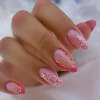 LunarCharm 24 Stück Pfirsichrosa Press on Nails mit goldenen Linien, kurze mandelförmige Pink French Tip Acryl Kunstnägel, glänzende Aufdrücknägel vollständige Abdeckung für Frauen DIY