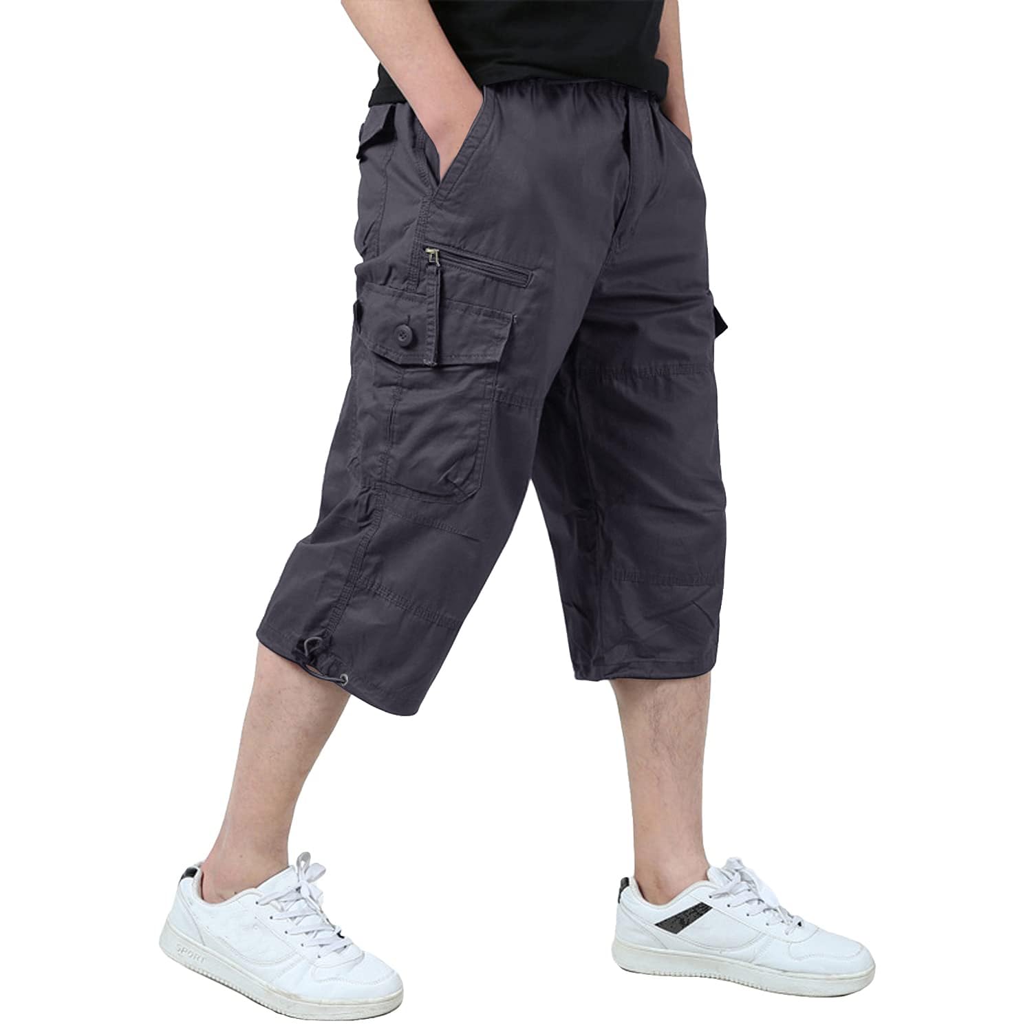 KEFITEVD 3/4 Hose Herren Cargo Shorts Männer Bermuda Shorts Multi Taschen Sommer Kurze Hose Baumwolle Arbeitshose Gummibund Lässig