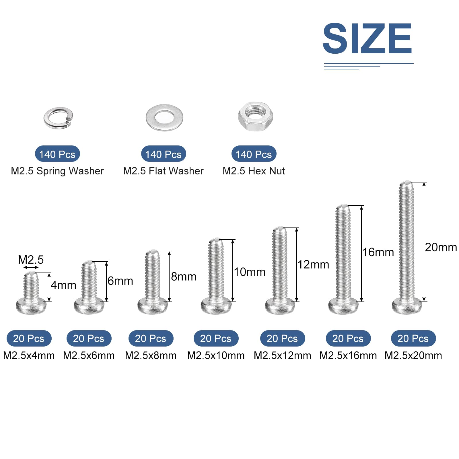 DTGN 560Pcs Machine Screws Assortment Kit, M2.5 Phillips Pan Head Nut and Bolt Assortment Kit - Image 2