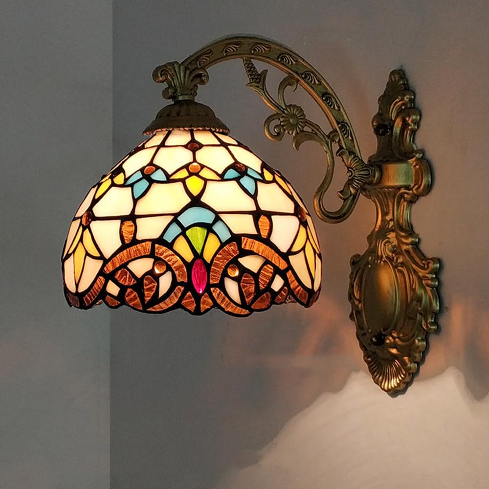 Mengjay Wall Lamp,Wall Lamp with Stained Glass Shade and Metal Frame, Vintage Wall Sconces for Indoor Living Room Corridor Stairs Hallway