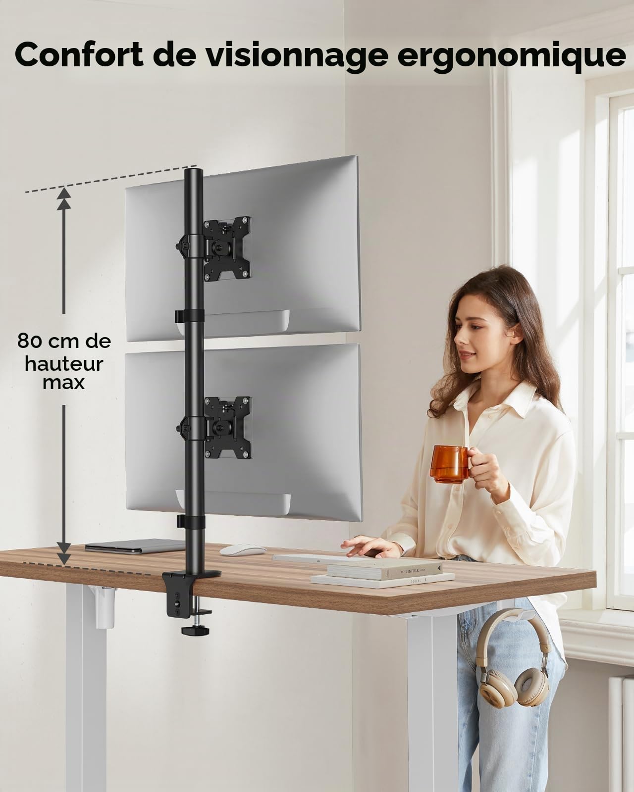 HUANUO Bras Ecran pc Vertical, Support Ecran pc 2 Ecran Empilé Réglable en Hauteur, Bras Ecran pc 2 Ecran Accueillissant 2 Écrans de 17 à 32 Pouces avec Pince en C, Chaque Support Supporte à 8 kg