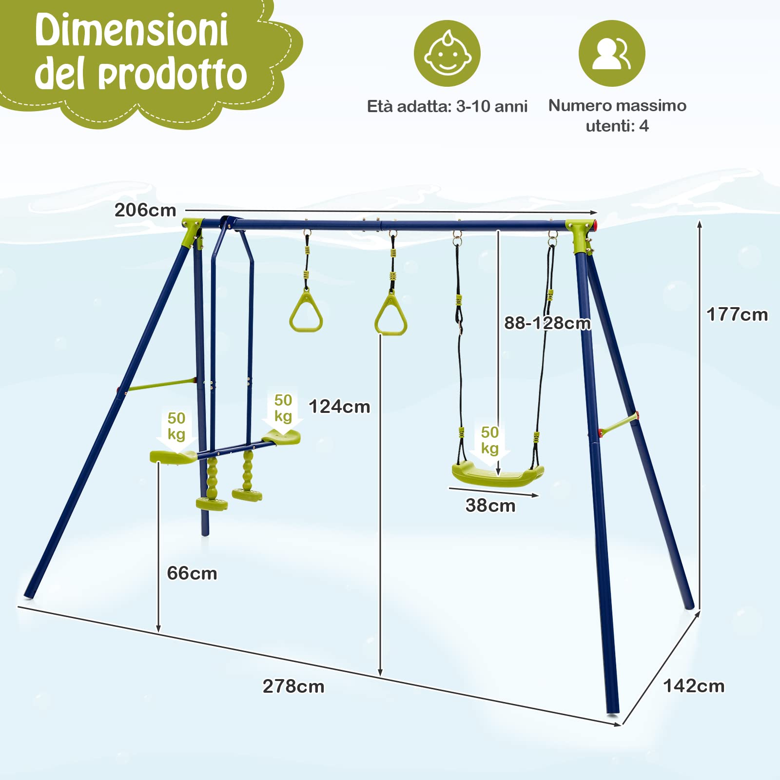 COSTWAY Set Altalene da Giardino per Bambini, Altalena 3 in 1 con Supporto in Metallo, Altalena a Doppio, Anelli da Ginnastica, Capacità 150 kg, per Esterno, 3-10 Anni, 278 x 142 x 177cm
