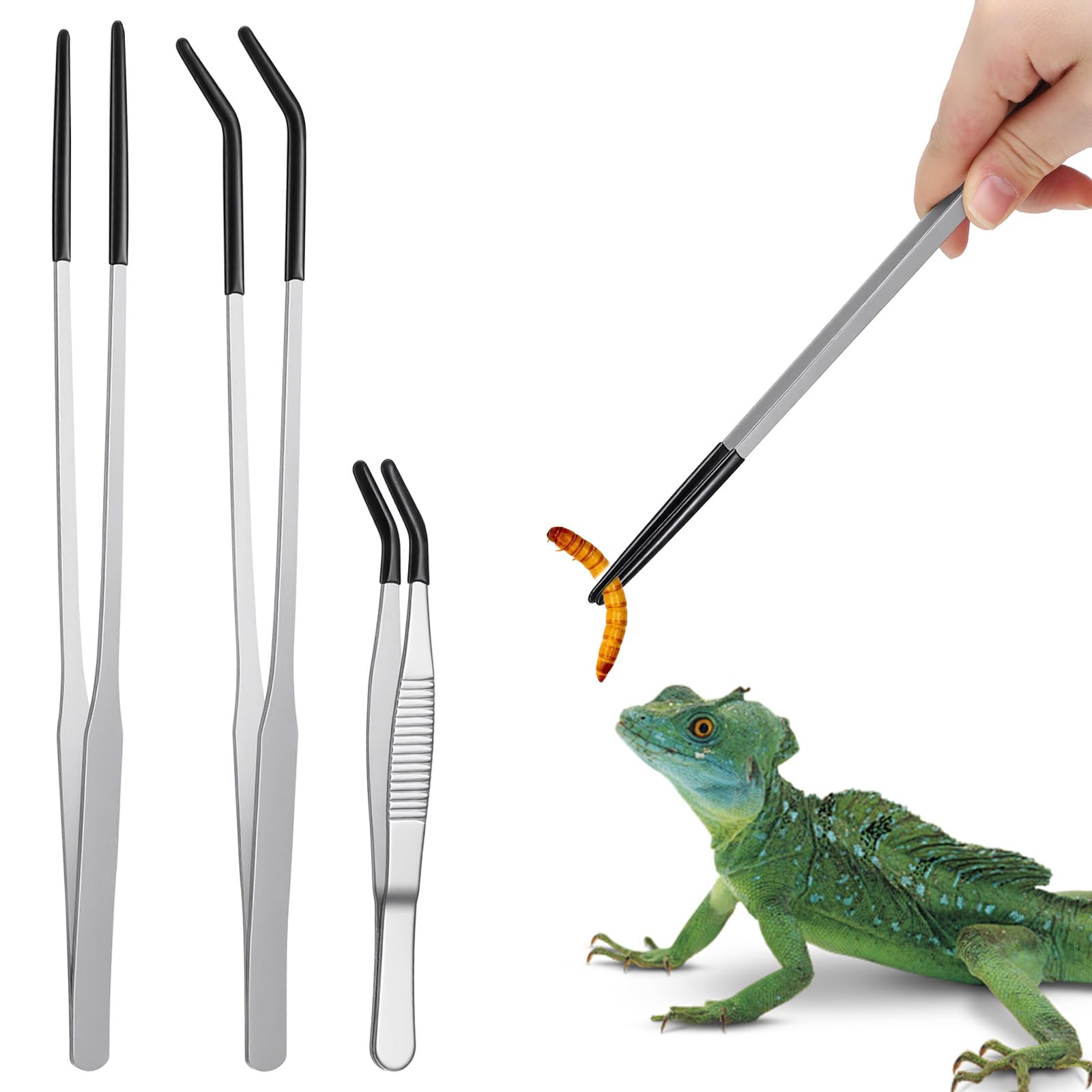 SHENLIU 3 pinzas de alimentación para reptiles, pinzas largas para acuario, pinzas de alimentación extralargas de acero inoxidable de 10.6 pulgadas con punta de goma, pinzas de alimentación curvadas - 2
