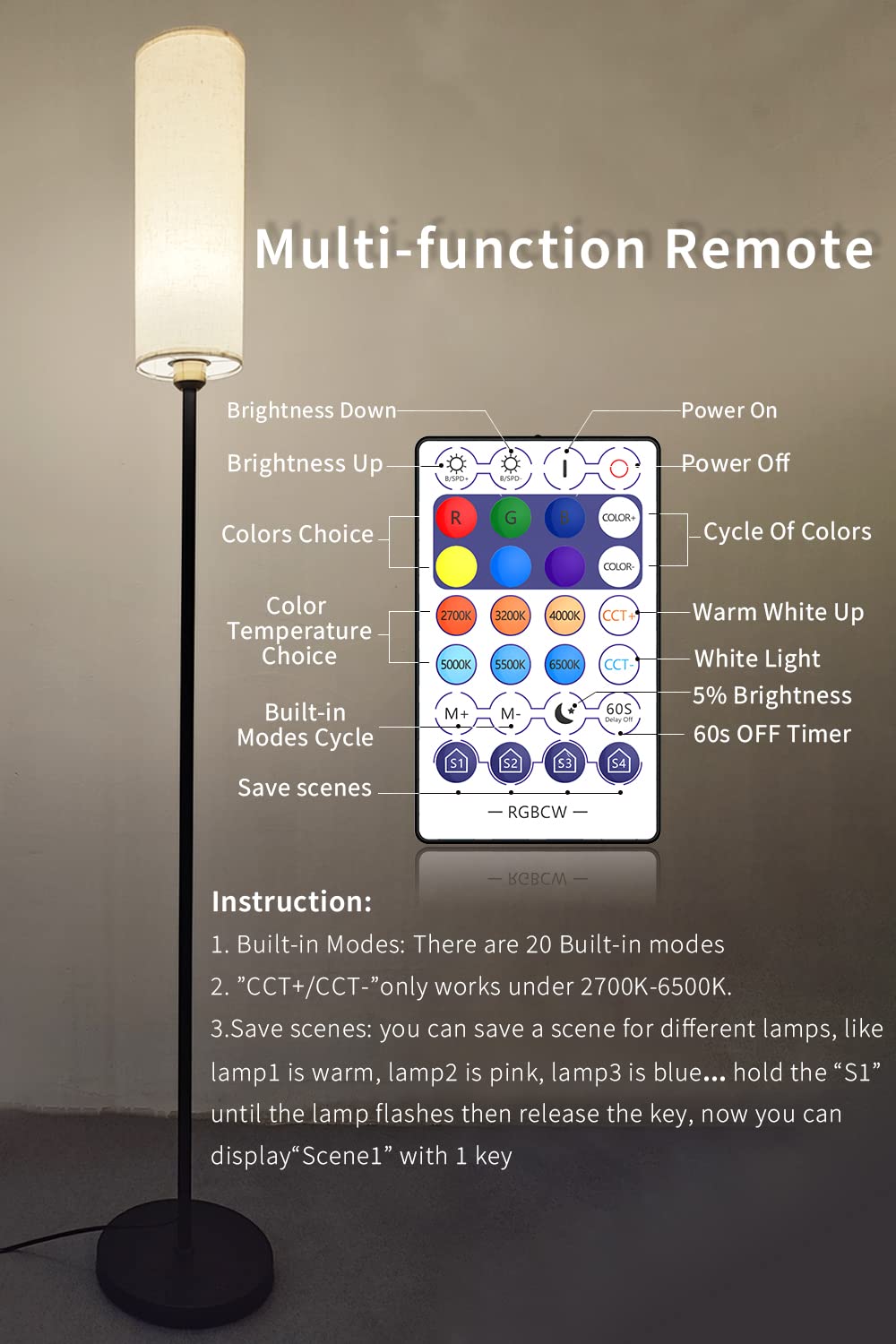 Lámpara de pie inteligente funciona con Alexa y Google Home, cambio de color, regulable sin escalones para sala de estar, modernas lámparas WiFi de pie con control remoto, lámpara de poste 7