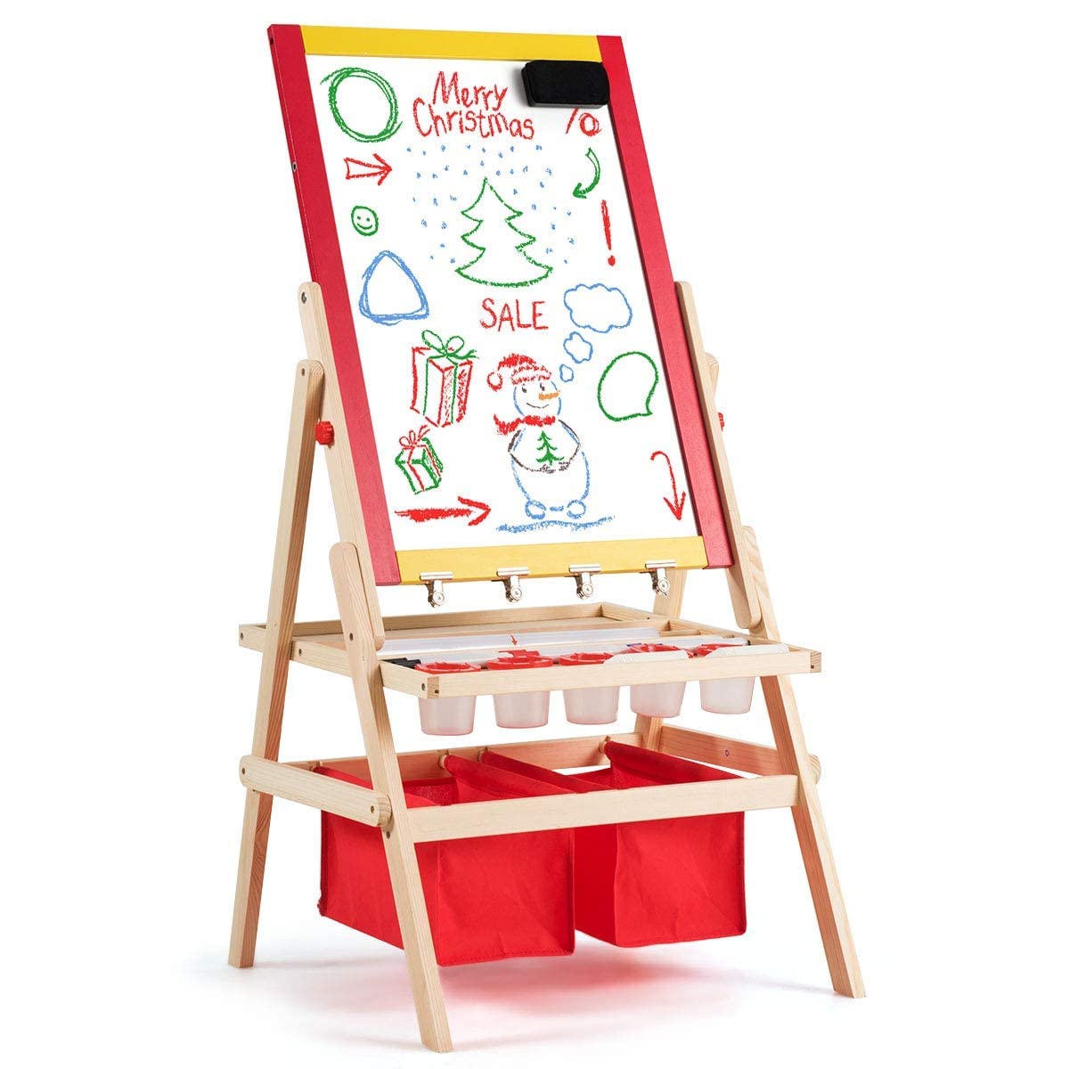 RELAX4LIFE Cavalletto per Bambini, Lavagnetta in Legno di Pino Double Face, Cavalletto Pittura per Bambini con Struttura Triangolare Stabile, Lavagna Multiattività con Lettere, 52,5x51,5x106,5 cm