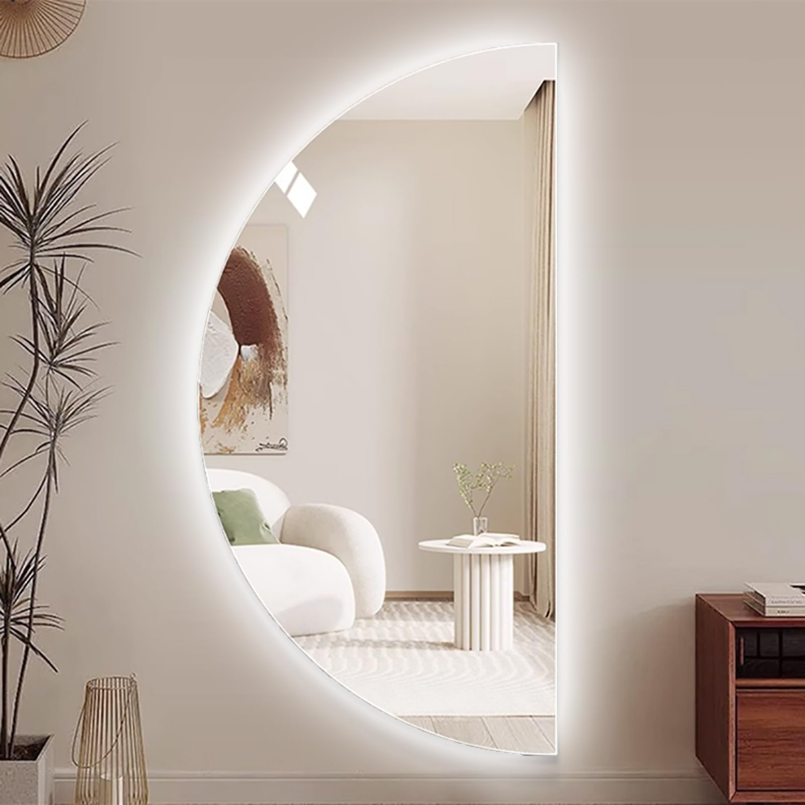 SXFSDOU LED Dimmable Backlit Vanity Mirror with 3 Colors Light, Anti-Fog Modern Frameless Half Moon Smart Bathroom for Bedroom Living Room Entryway(Right Cut,80cm/32inch)