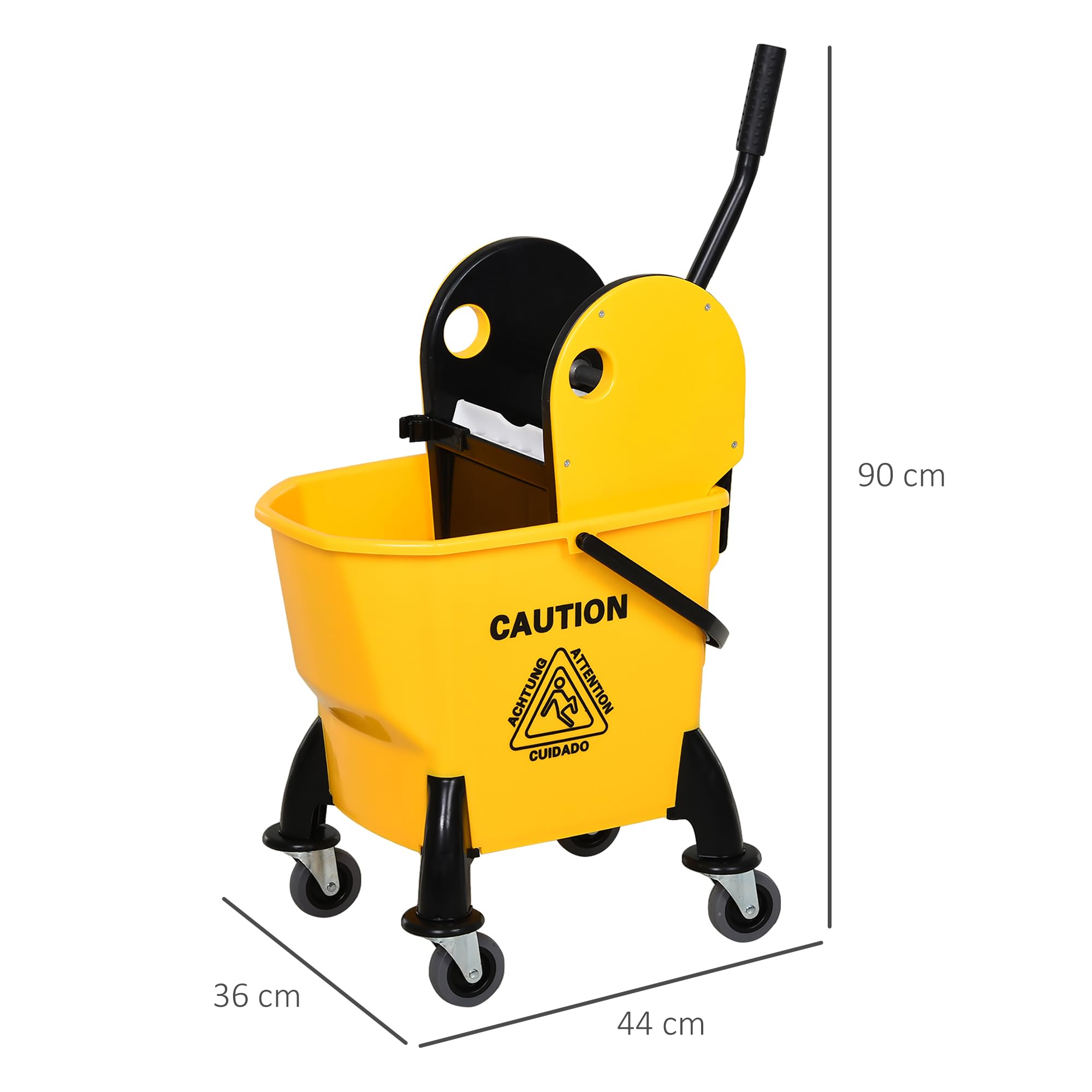 HOMCOM - Carro de limpieza, carrito de limpieza profesional con cubo, capacidad de 26L con escurridor, carro de mantenimiento, 44 x 36 x 90 cm, amarillo