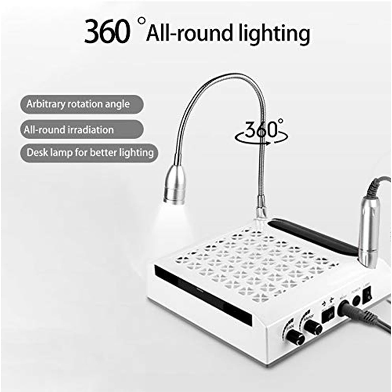 4 w 1 system do manicure'u z odkurzaczem i szlifierką: wydajny odkurzacz 80 W, elektryczna szlifierka 30000 obr./min i lampa biurkowa LED