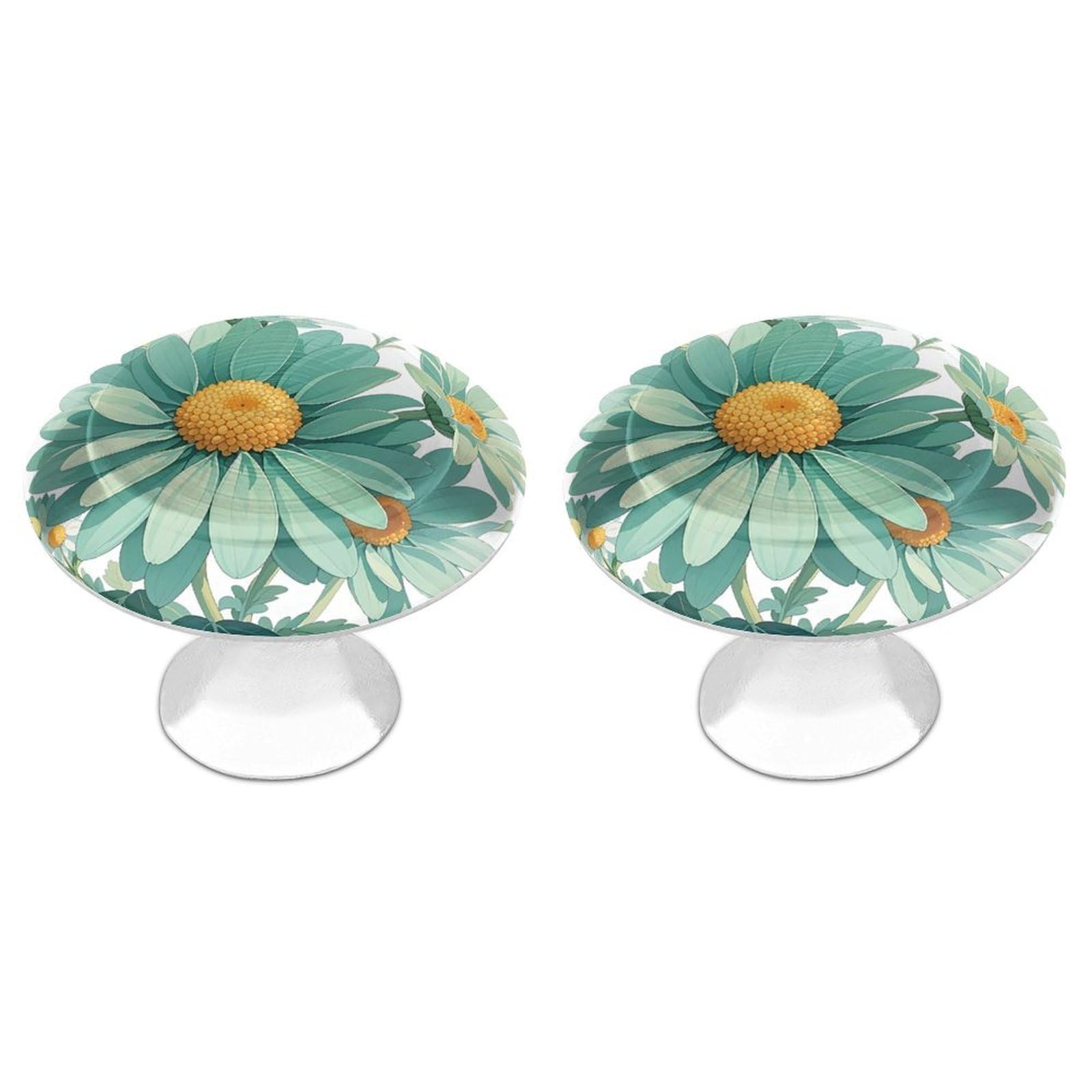 FekiLoot Mint Green Watercolor Daisy Cabinet Knobs 2 Pack Stainless Steel Round Dresser Drawer Knobs Kitchen Drawer Hardware Dresser Knob Closet Door Pulls Cabinet Handles for Cupboard Drawer Pulls