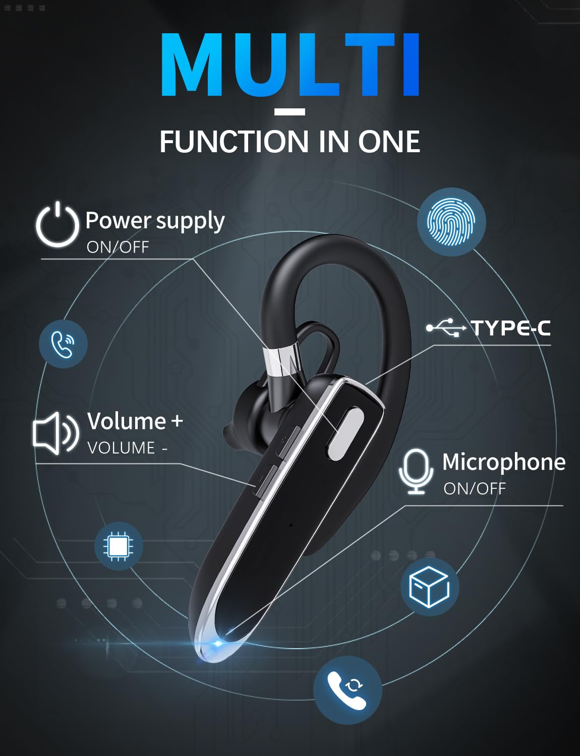 Oreillette Bluetooth à une oreille avec Bluetooth 6.1, casque Bluetooth pour 100 heures de veille, batterie 800 mAh, casque sans fil avec micro, casque Bluetooth pour conduite, travail, camionneur