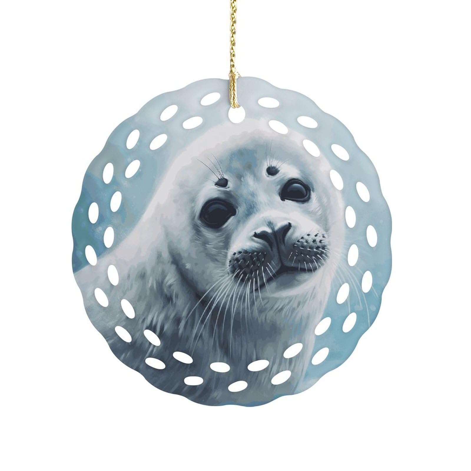 Btcowzrv Style Harp Seal Painting Wallpaper Ceramic Ornament,Round Ornaments With Hole Easy To Hang,Hanging Ornament For Wedding Party Home Window Garden Christmas Day Decor