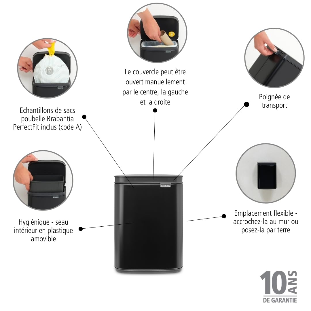 Brabantia - Poubelle de 4L - Petite & élégante - Ouverture facile et couvercle à fermeture souple - Hygiénique et peu encombrante - Fixation murale - pour salle de bains, toilettes, chambre - Black
