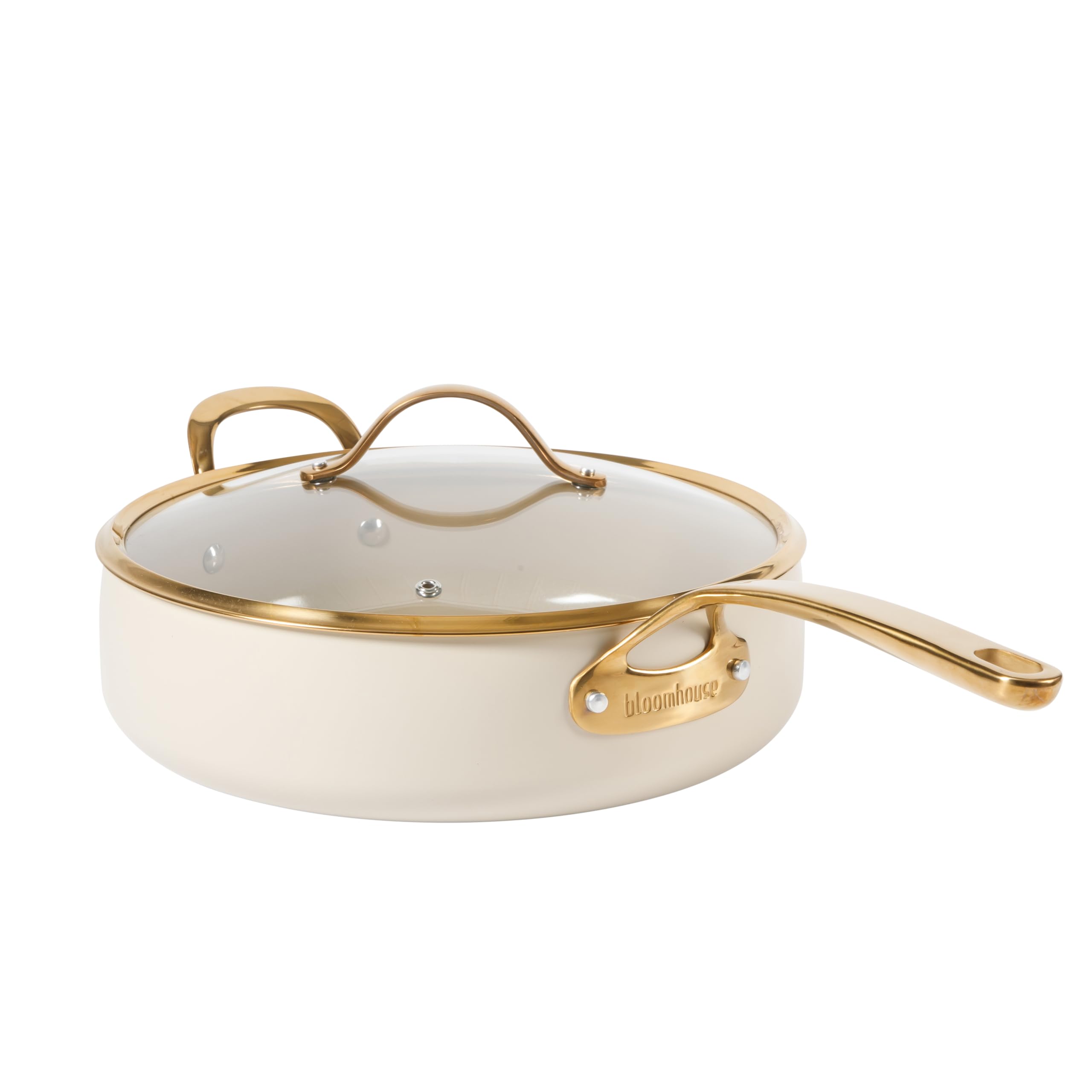bloomhouse - Oprah's Favorite Things - 6 QT Heavy Duty Aluminum Premium PFA Free Ceramic Nonstick Saute/Deep Frying Pan Skillet with Lid - Almond Cream w/Gold Handle