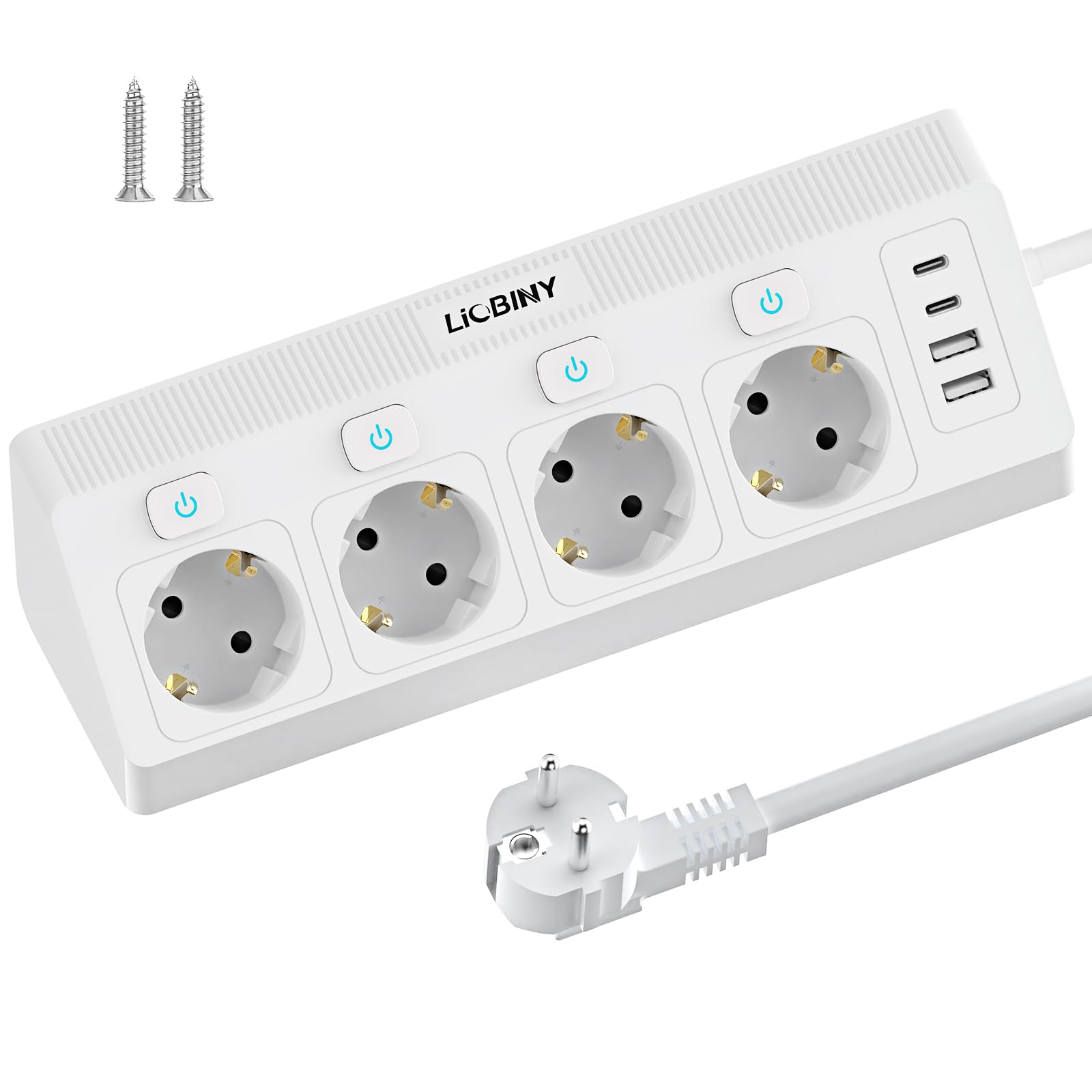Steckdosenleiste mit 2 USB C und 2 USB A, 4 Fach Ecksteckdose Einzeln Schaltbar Mehrfachsteckdose Überspannungsschutz 3680W 16A Mehrfachstecker Wandmontage, Steckerleiste 2M Kabel Weiß für Küche Büro